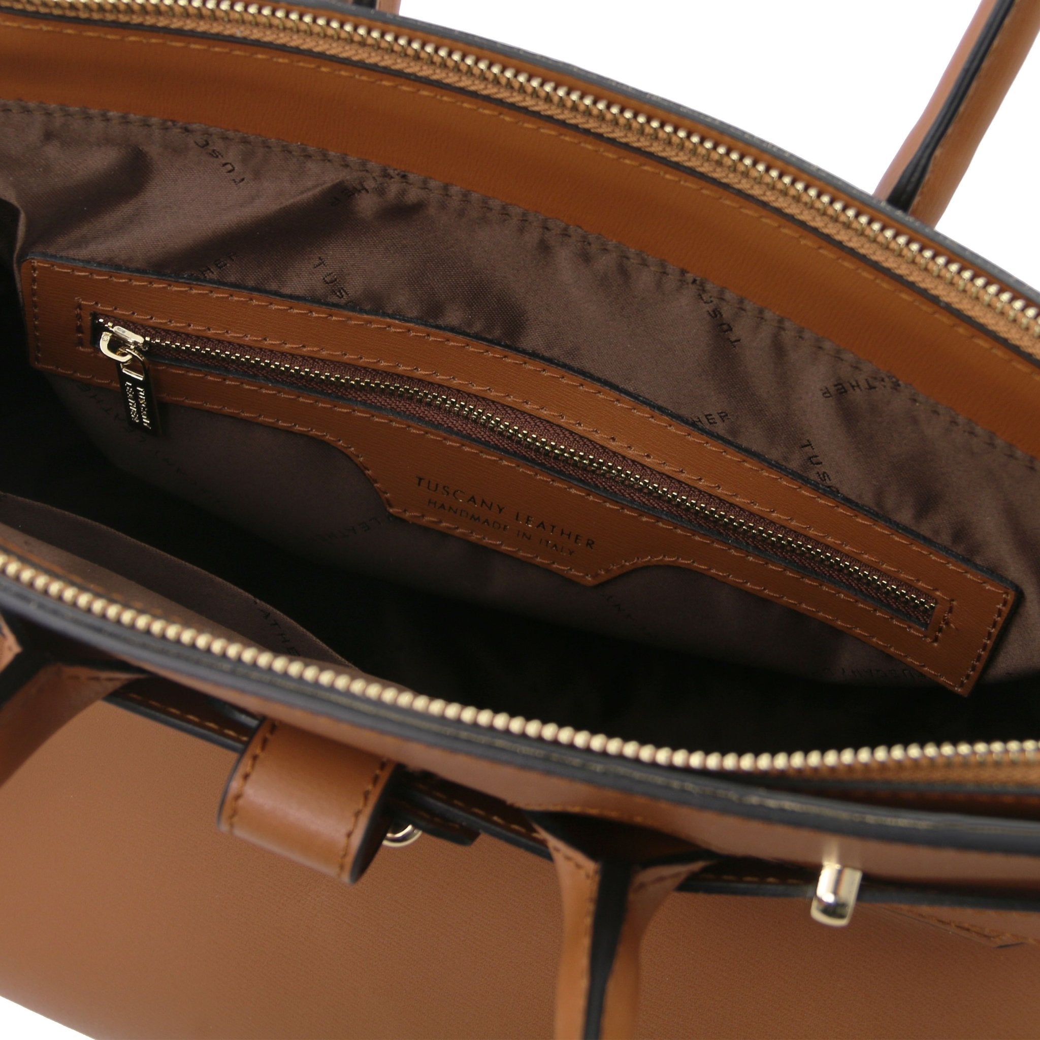 Interior zippered pocket view TL Bag Italian Leather Handbag in Cognac with brown lining