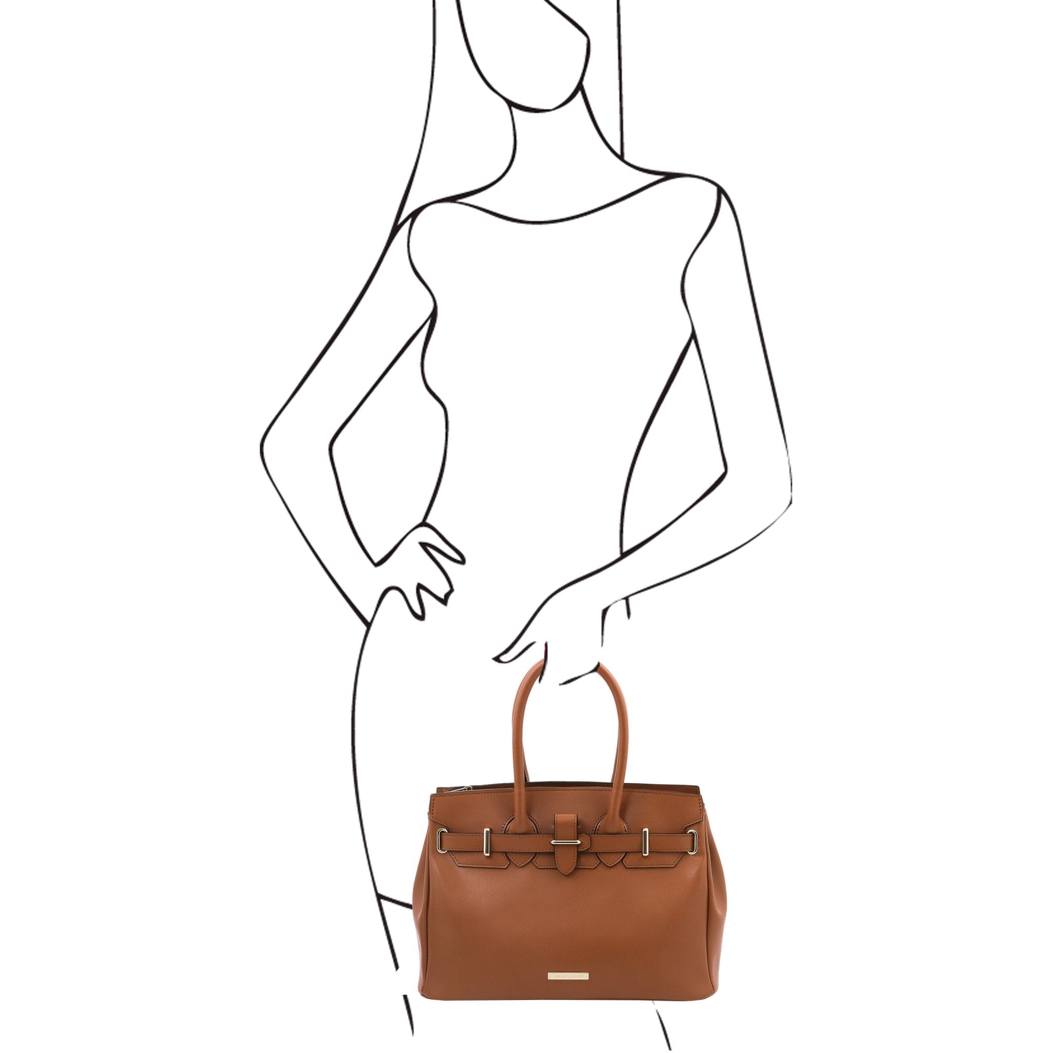 Black and white sketch of female wering a 3/4 length dress, holding the TL Bag Italian Leather Handbag in Cognac by the handle