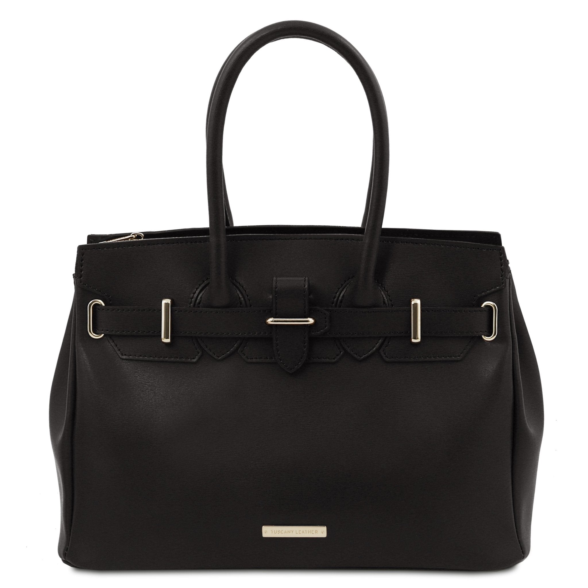 Front view TL Bag Italian Leather Handbag in Black with TL gold metal branding at center bottom of bag - L'Atelier Global
