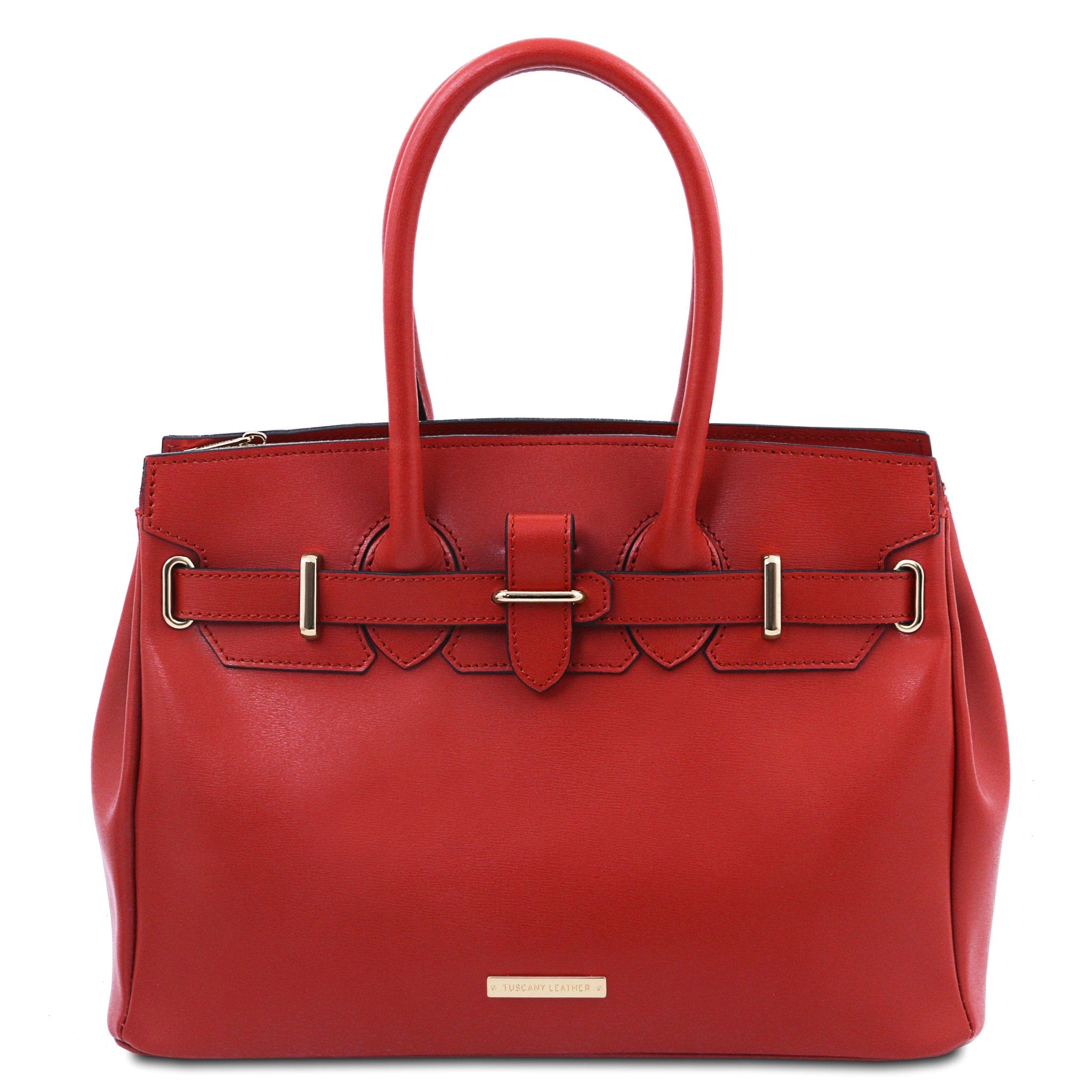 Front view TL Bag Italian Leather Handbag in Red with branding at center bottom of bag