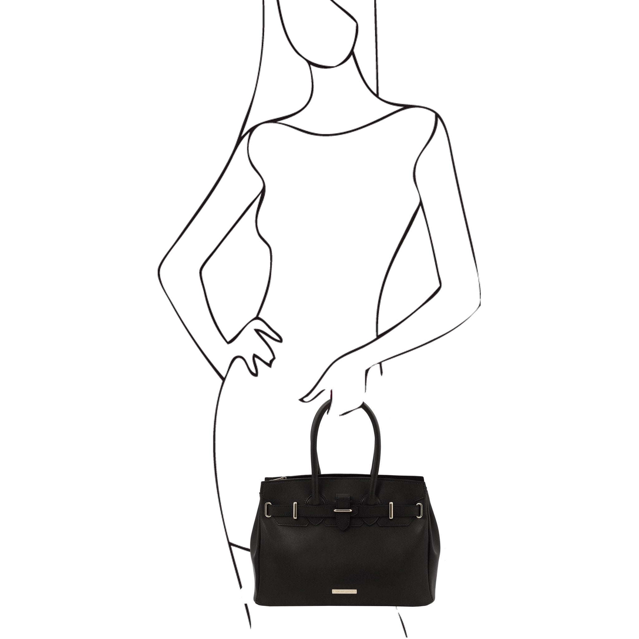 Black and white sketch of female wering a 3/4 length dress, holding the TL Bag Italian Leather Handbag in Black by the handle
