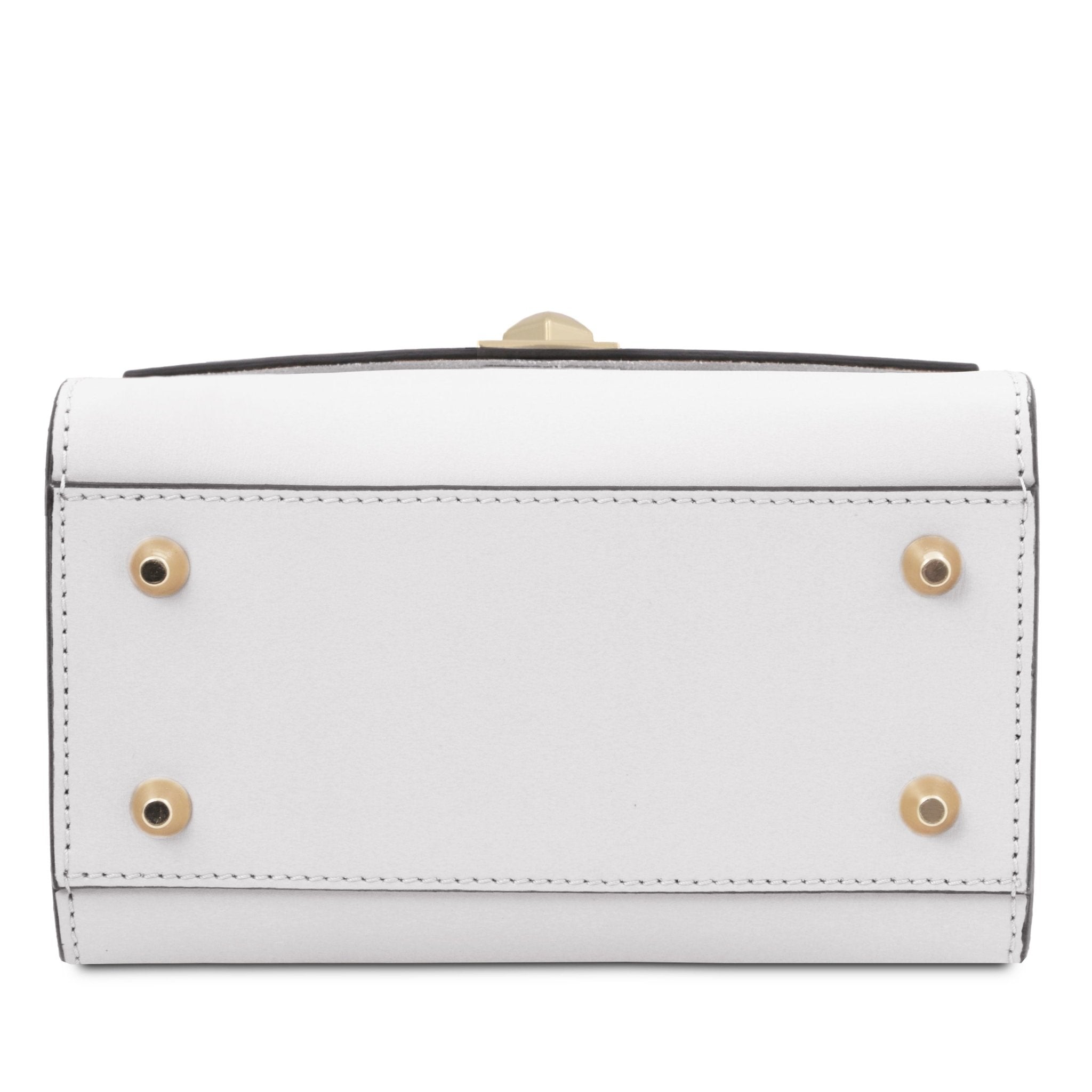 Bottom view TL Bag Italian Leather Mini Bag in white showing four gold protective feet