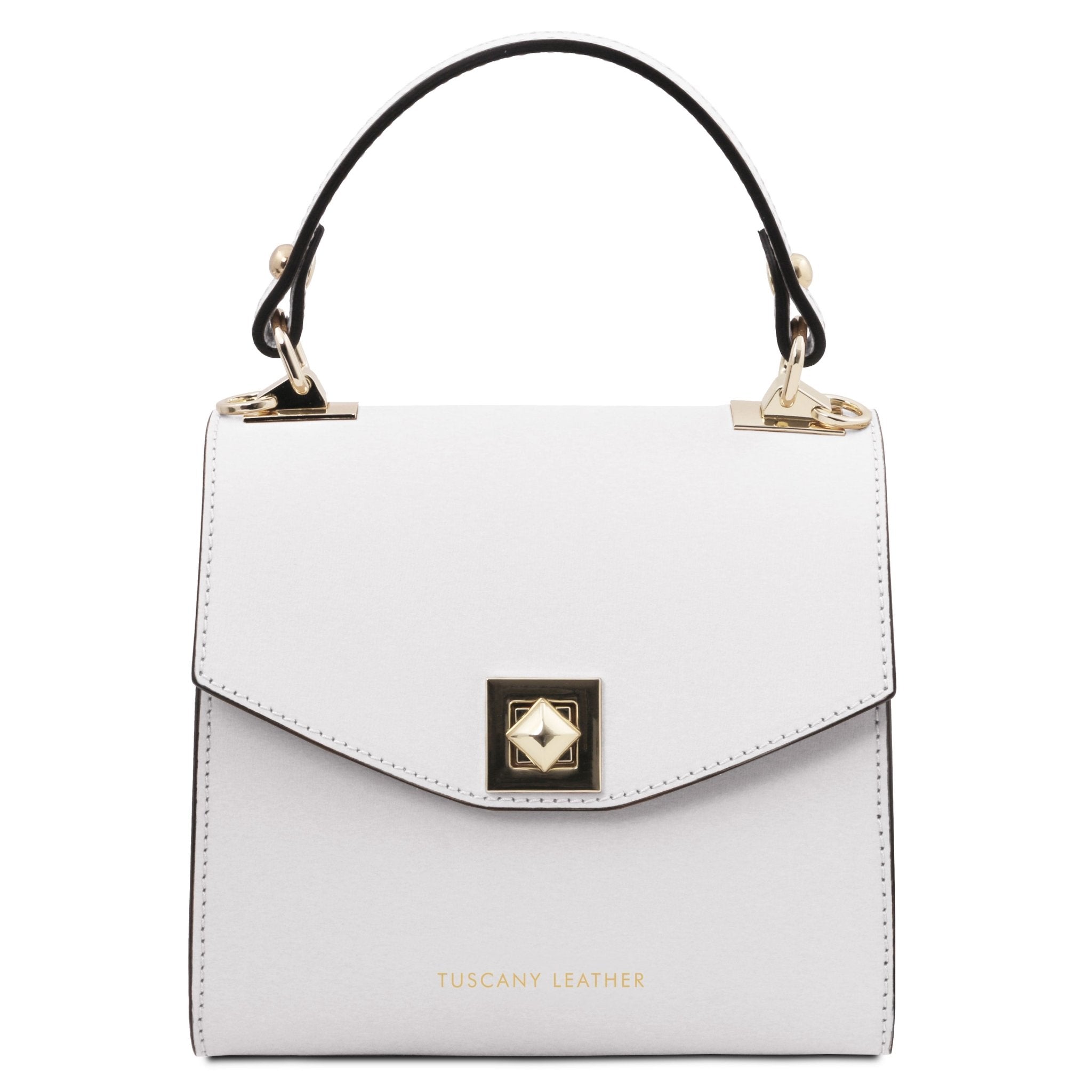 Front view TL Bag Italian Leather Mini Bag in white showing decorative gold outlined geometric black and cream magnetic closure and top handle