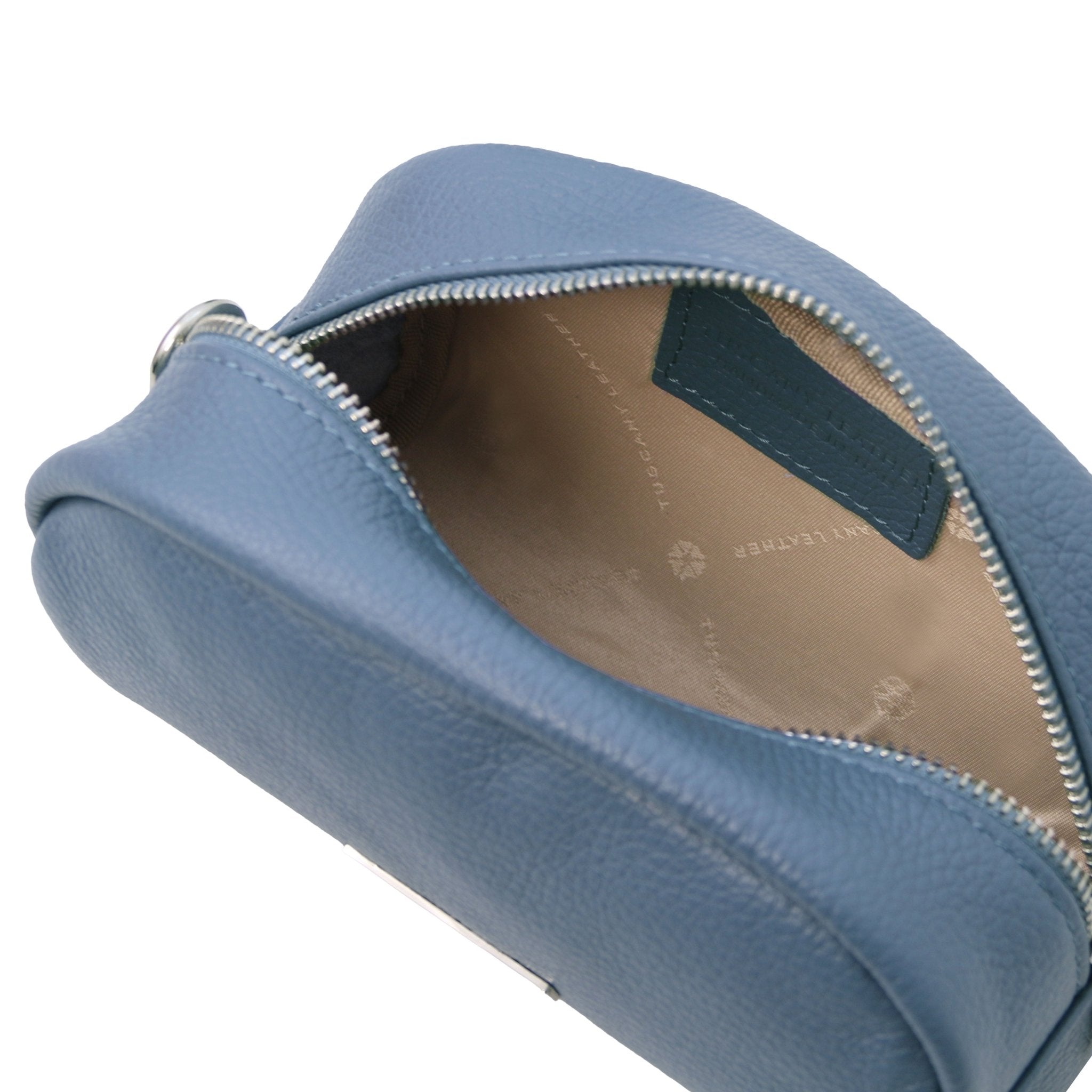 Top Unzipped Interior View TL Bag Soft Italian Leather Toiletry Everyday Case in light blue showing beige lining