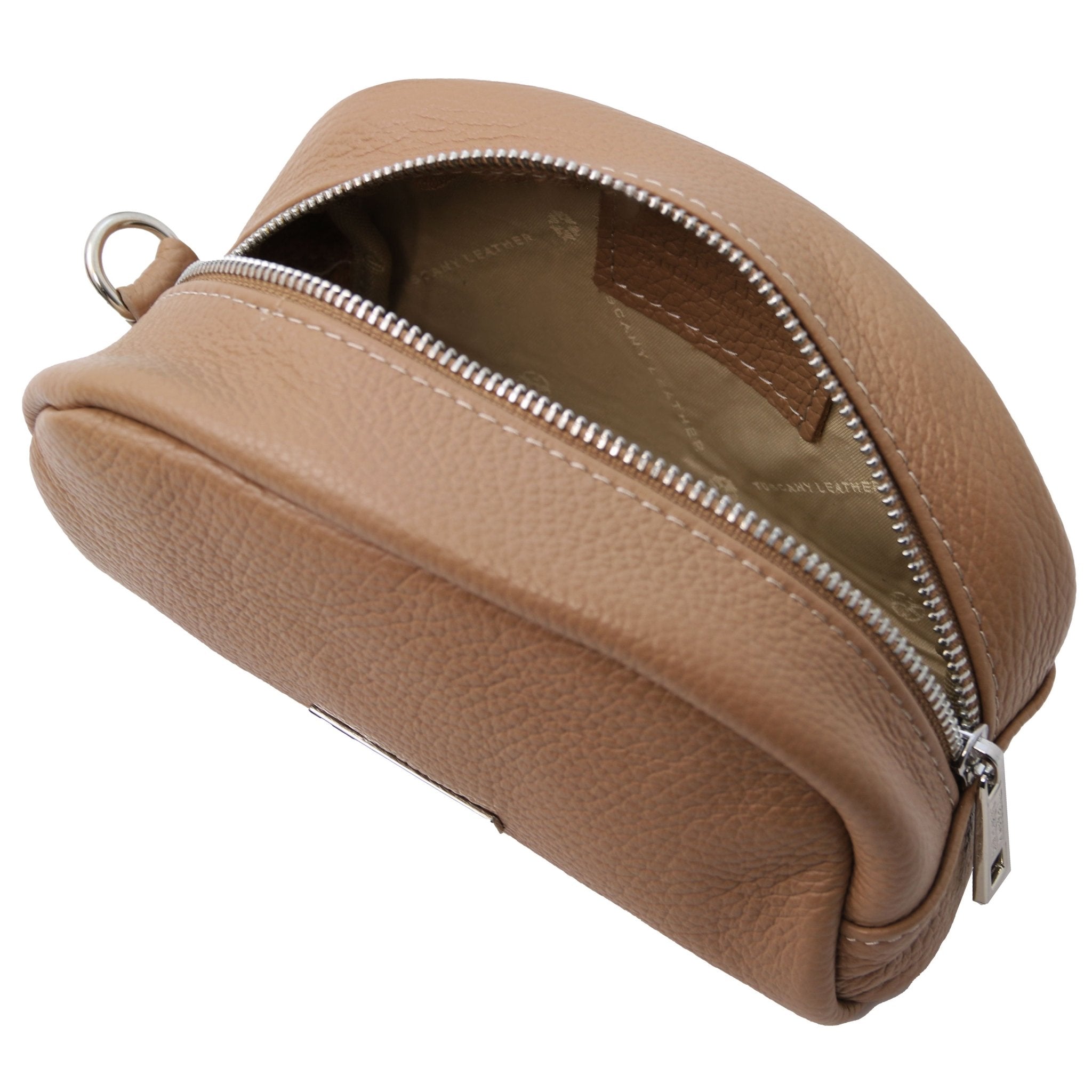Top Unzipped Interior View TL Bag Soft Italian Leather Toiletry Everyday Case in light taupe showing beige lining