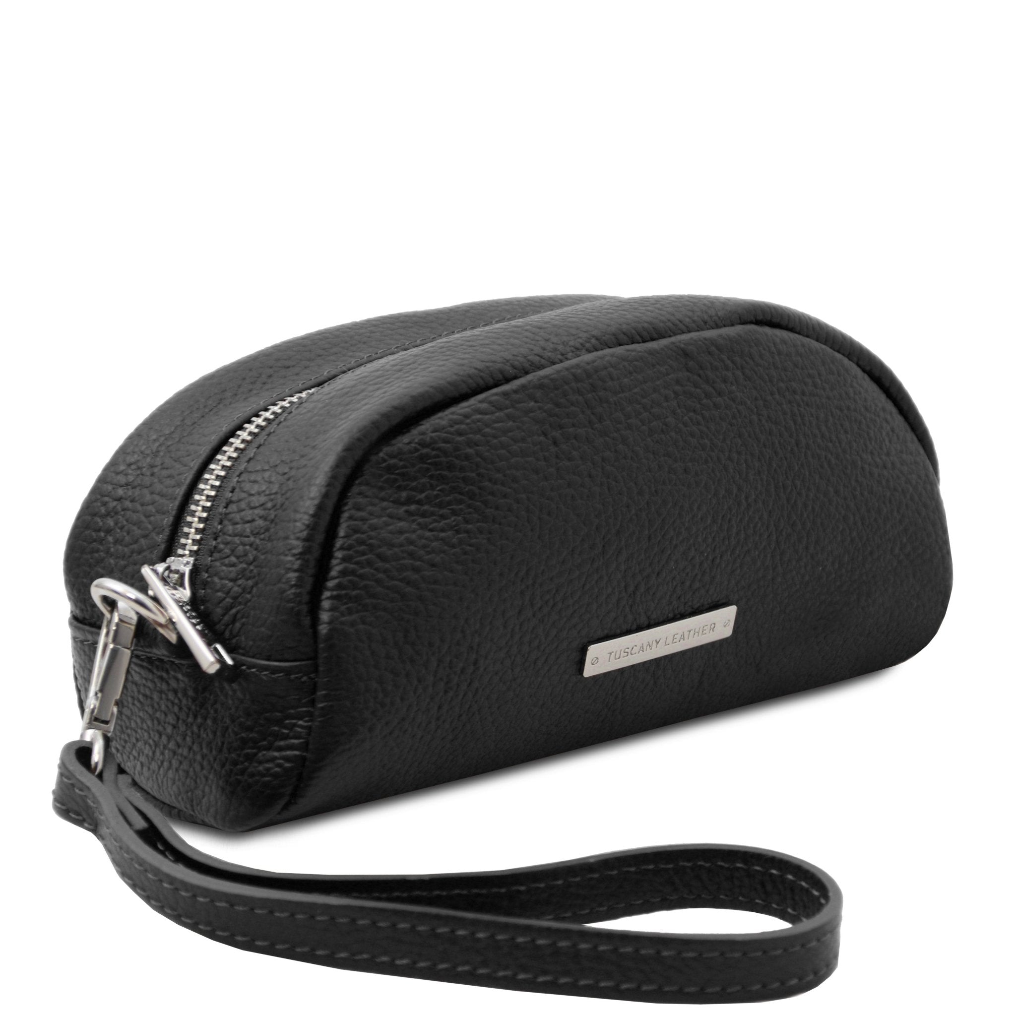 Front Angled View TL Bag Soft Italian Leather Toiletry Everyday Case in black showing handle
