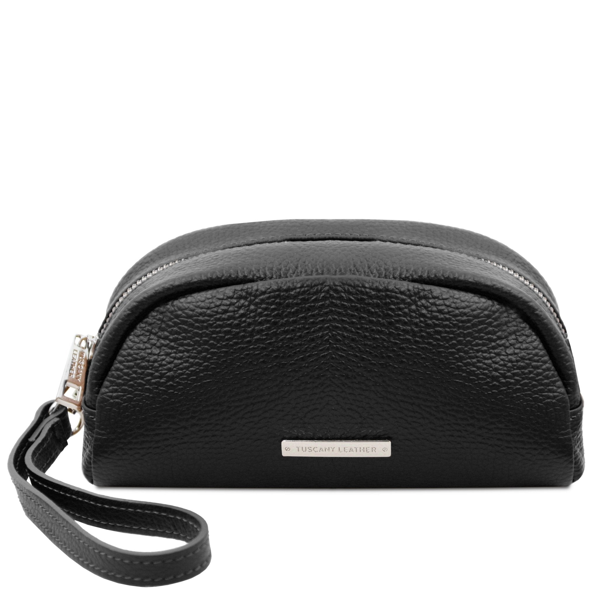 Front View TL Bag Soft Italian Leather Toiletry Everyday Case in black showing handle
