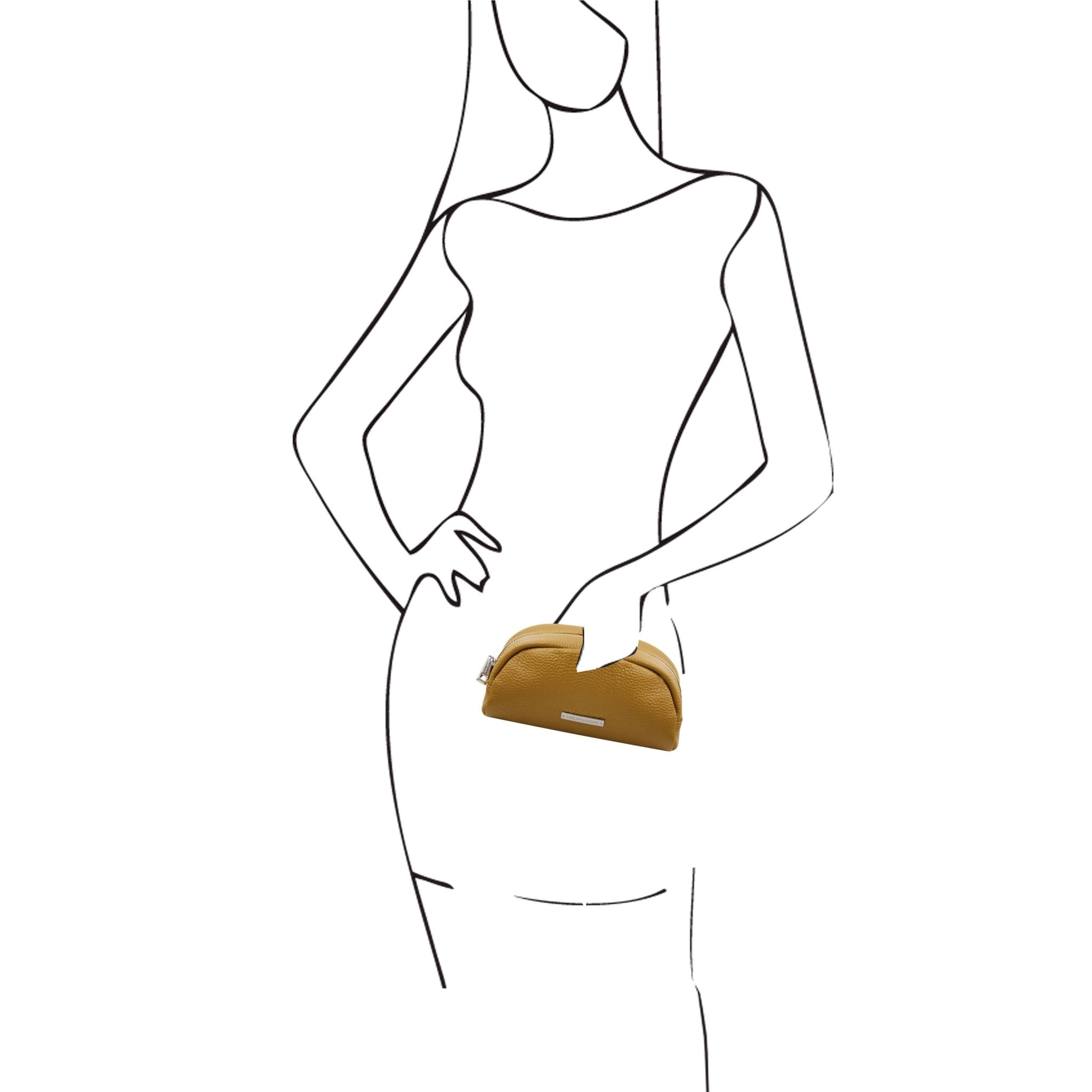 Black and white sketch of woman holding TL Bag Soft Italian Leather Toiletry Everyday Case in mustard