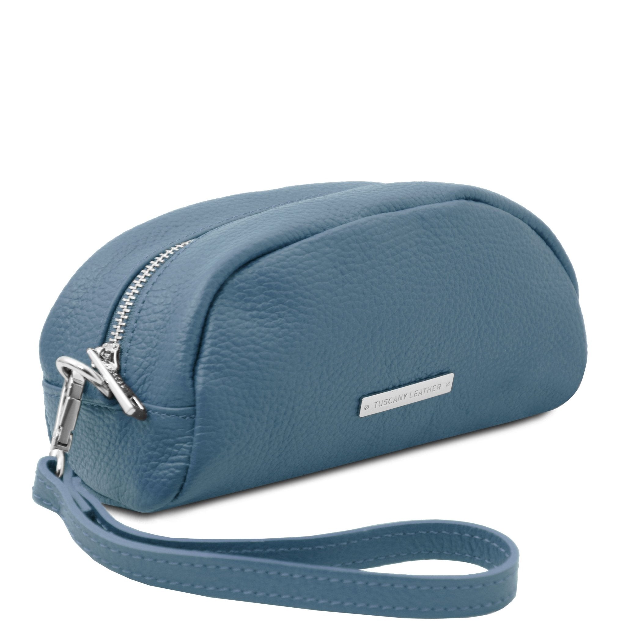 Front Angled View TL Bag Soft Italian Leather Toiletry Everyday Case in light blue showing handle