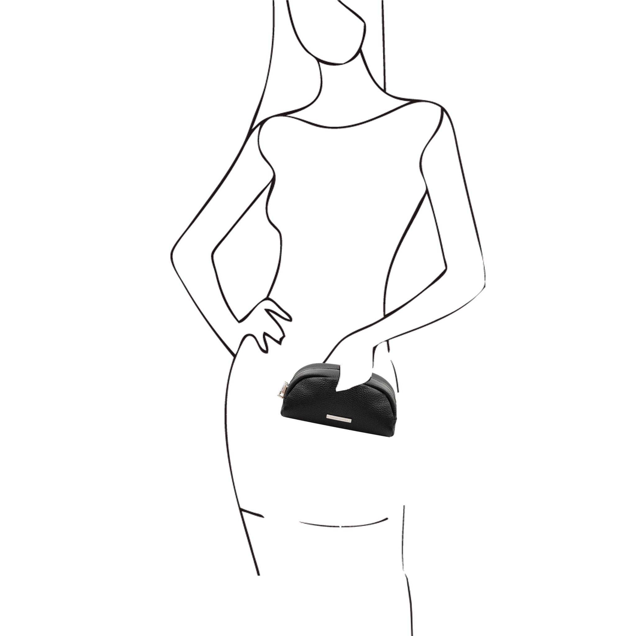 Black and white sketch of woman holding TL Bag Soft Italian Leather Toiletry Everyday Case in black