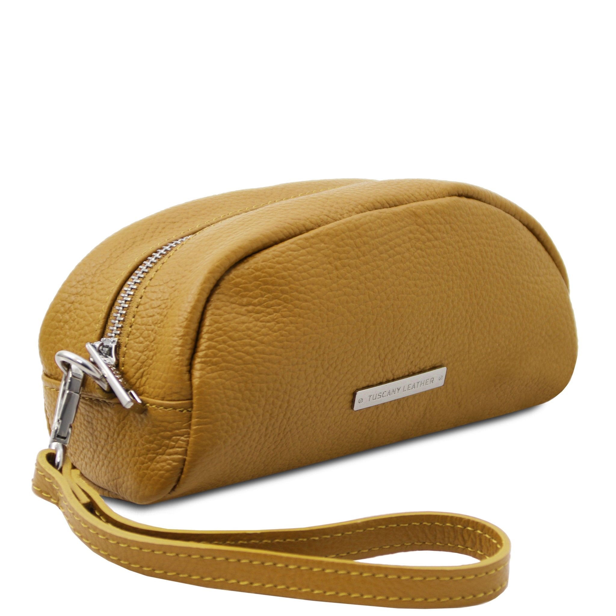 Front Angled View TL Bag Soft Italian Leather Toiletry Everyday Case in mustard showing handle