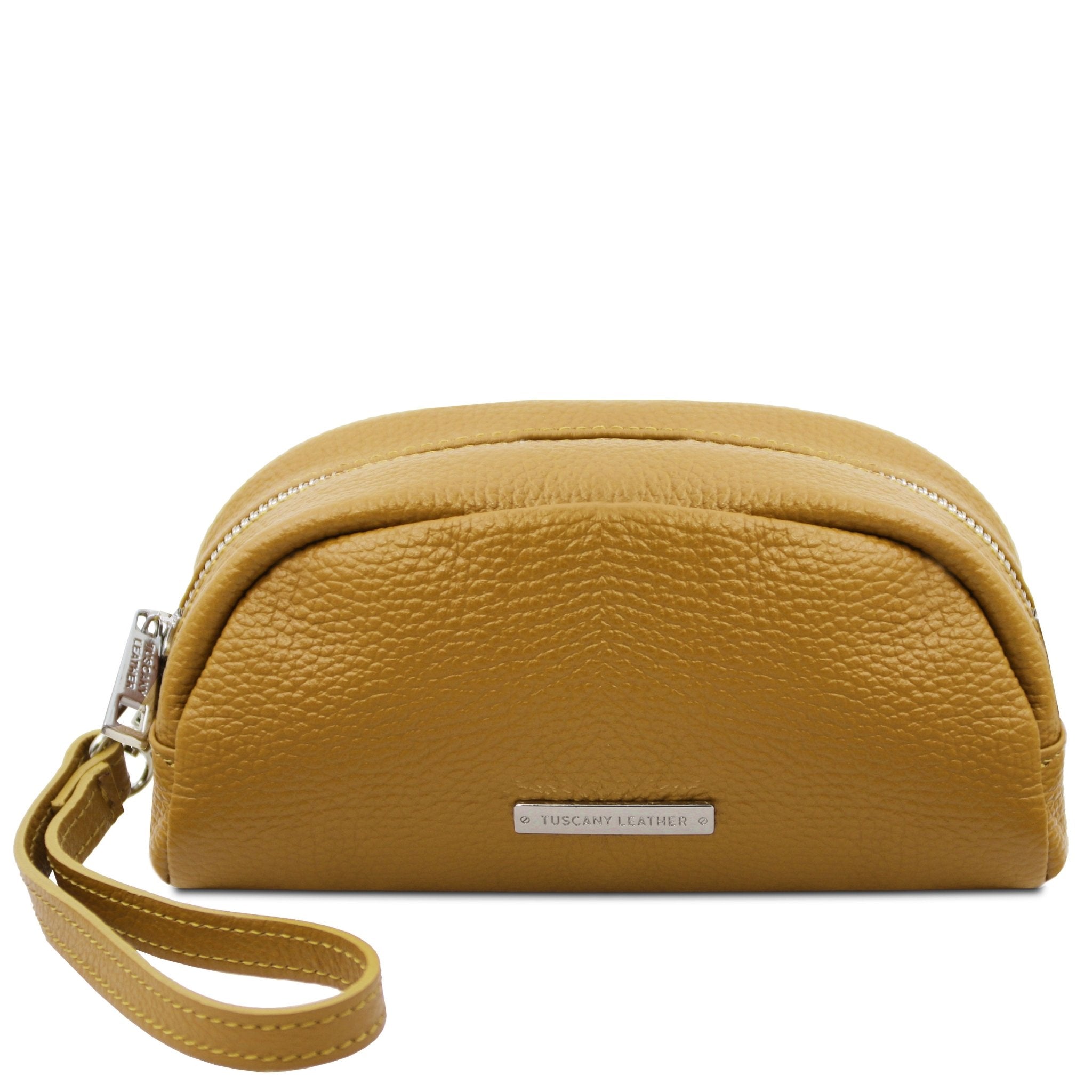 Front View TL Bag Soft Italian Leather Toiletry Everyday Case in mustard showing handle