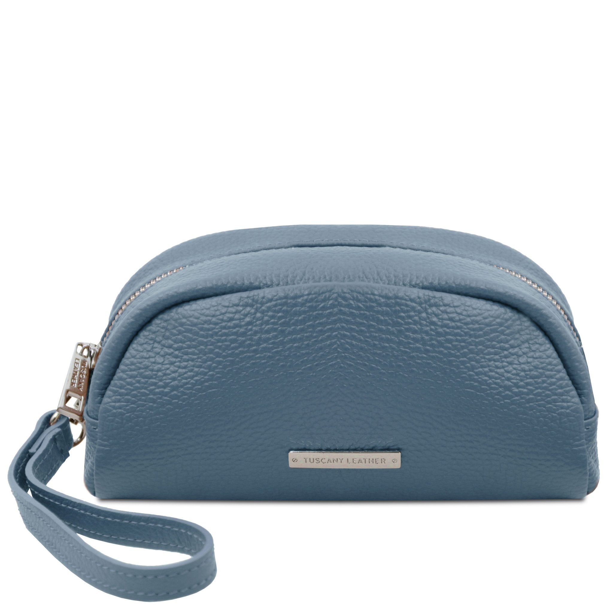 Front View TL Bag Soft Italian Leather Toiletry Everyday Case in light blue showing handle