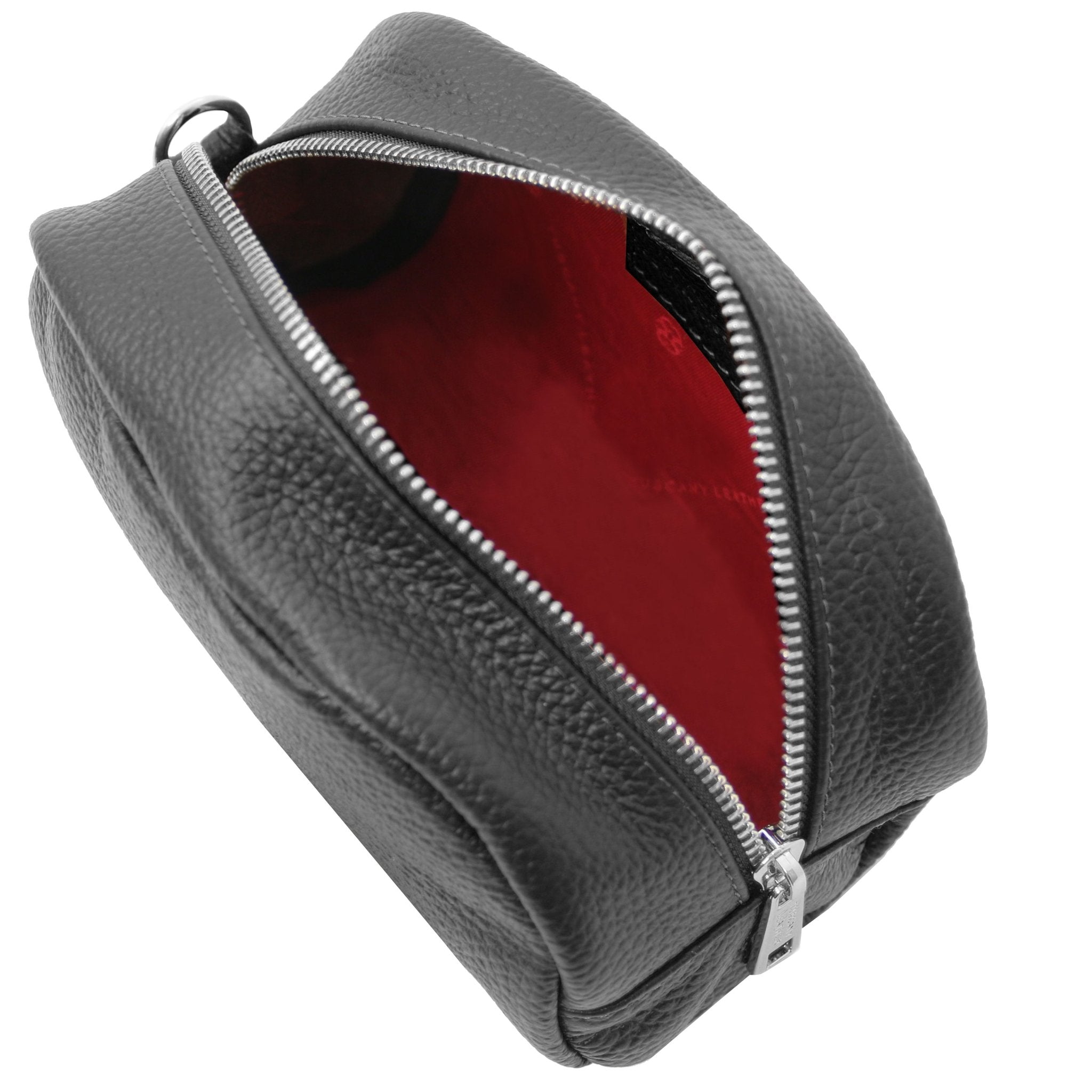 Top Unzipped Interior View TL Bag Soft Italian Leather Toiletry Everyday Case in black showing vibrant red lining