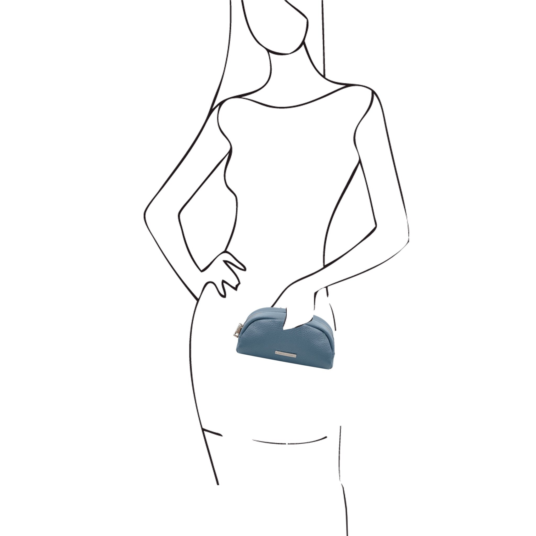 Black and white sketch of woman holding TL Bag Soft Italian Leather Toiletry Everyday Case in light blue