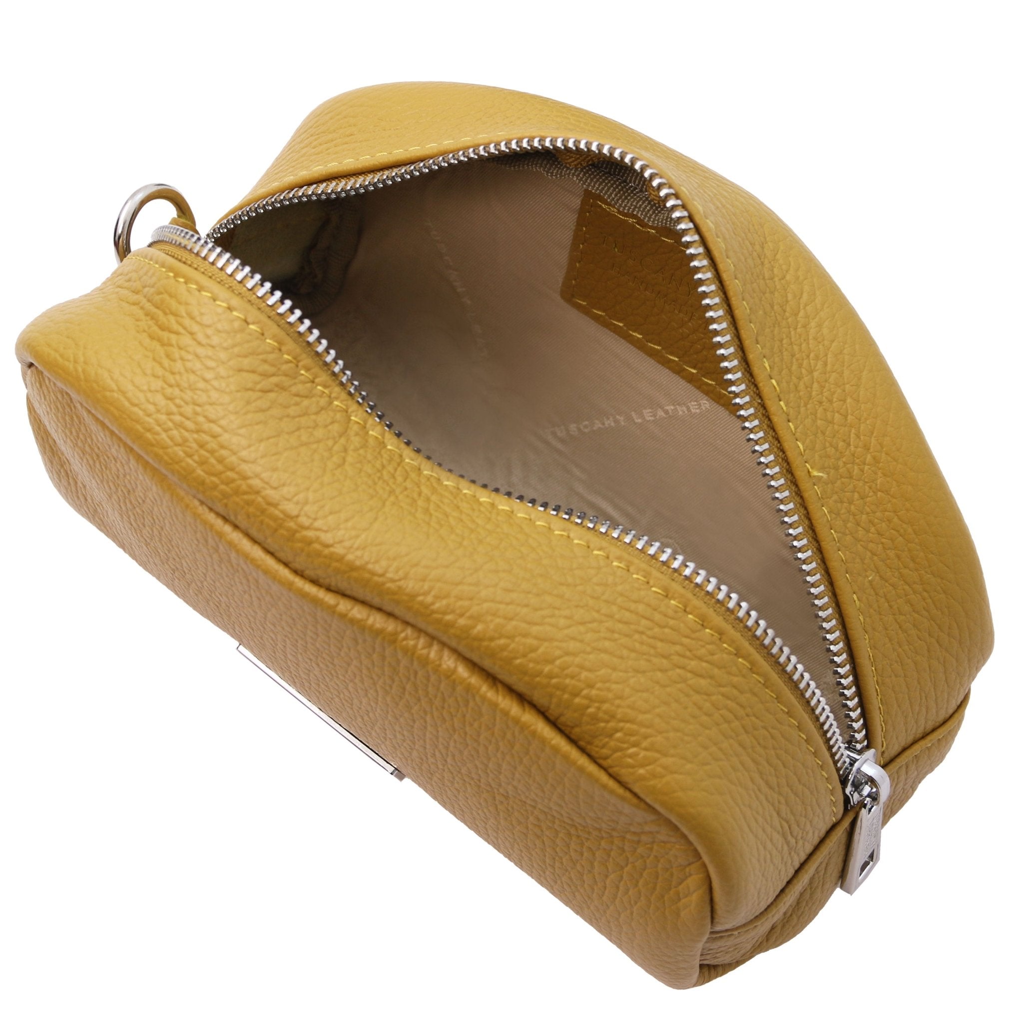 Top Unzipped Interior View TL Bag Soft Italian Leather Toiletry Everyday Case in mustard showing beige lining