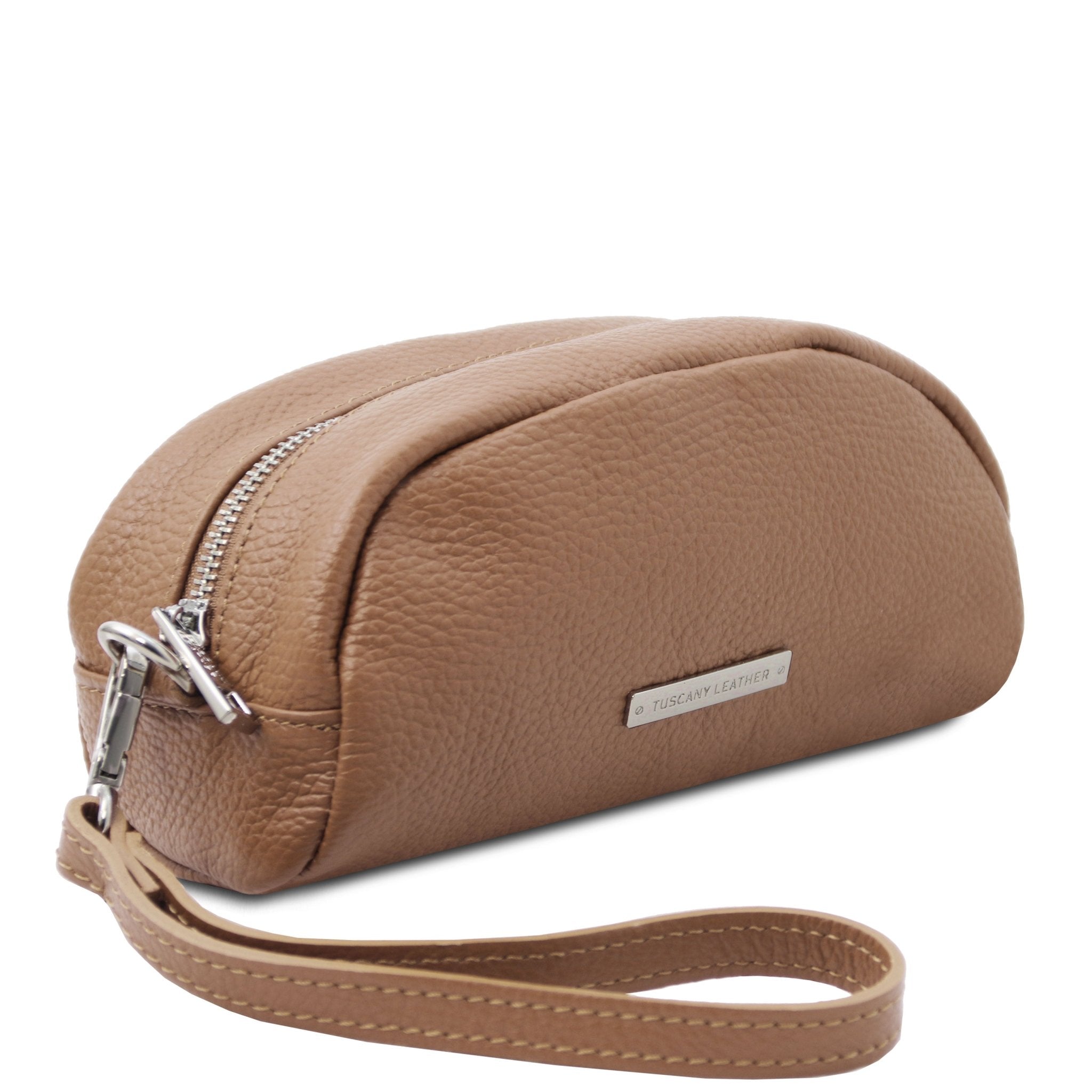 Front Angled View TL Bag Soft Italian Leather Toiletry Everyday Case in light taupe showing handle