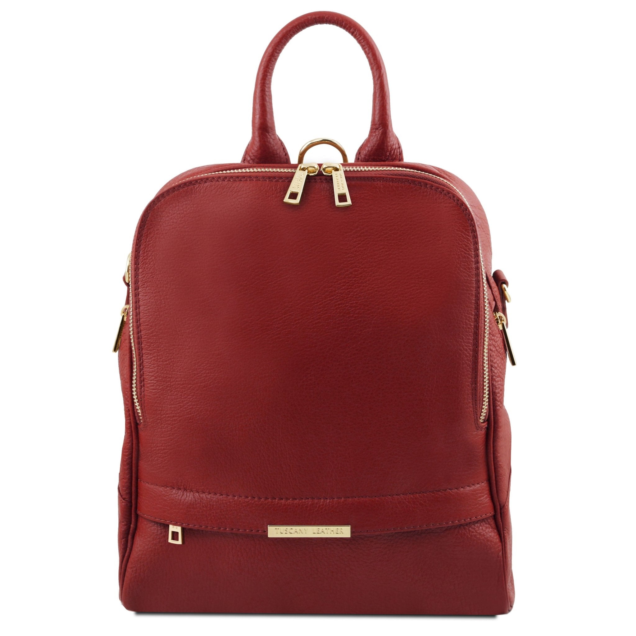 TL Bag Soft Italian Leather Backpack in red showing handle and front exterior zip pocket