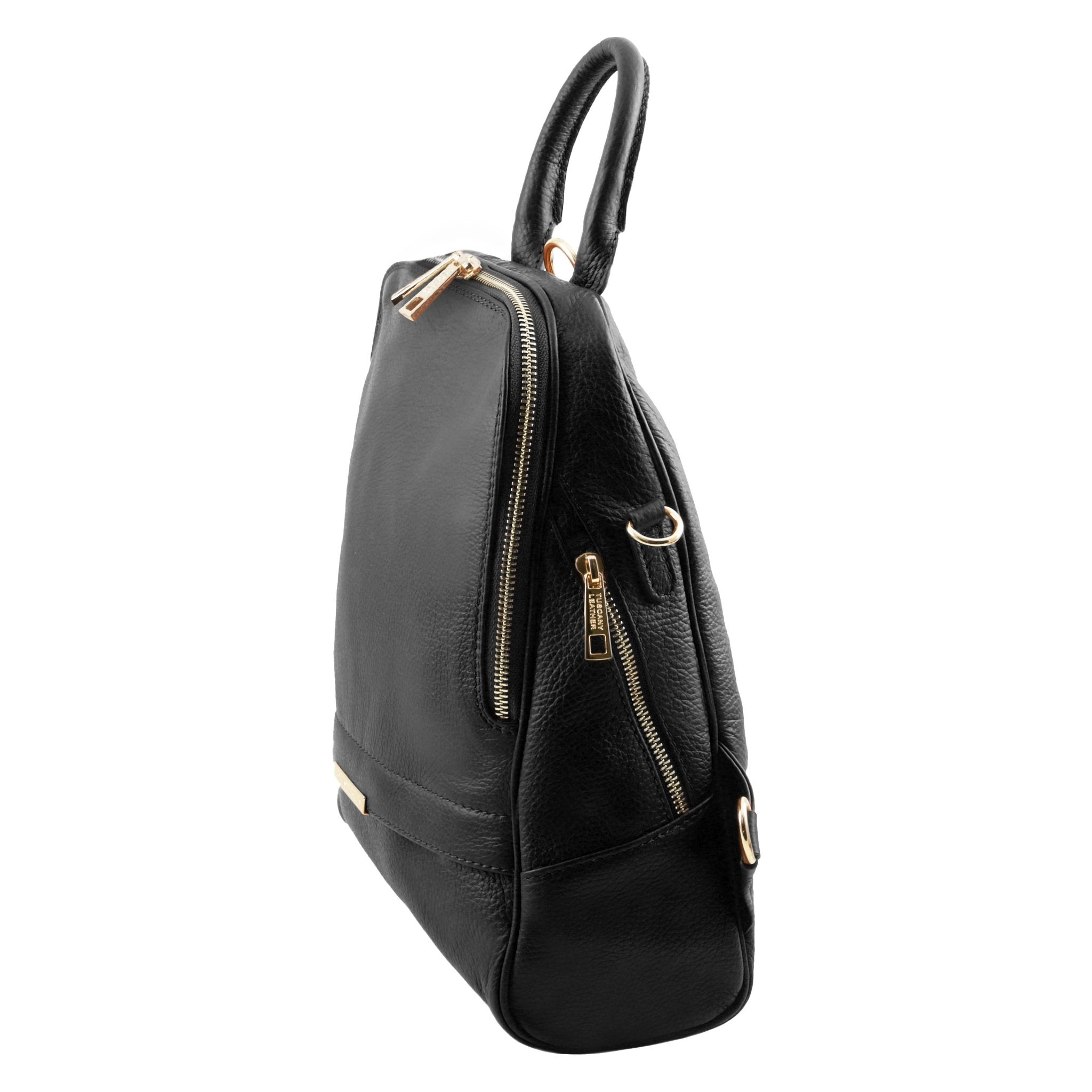 Side view of TL Bag Soft Leather Backpack in black showing side zip pocket and main zip entry