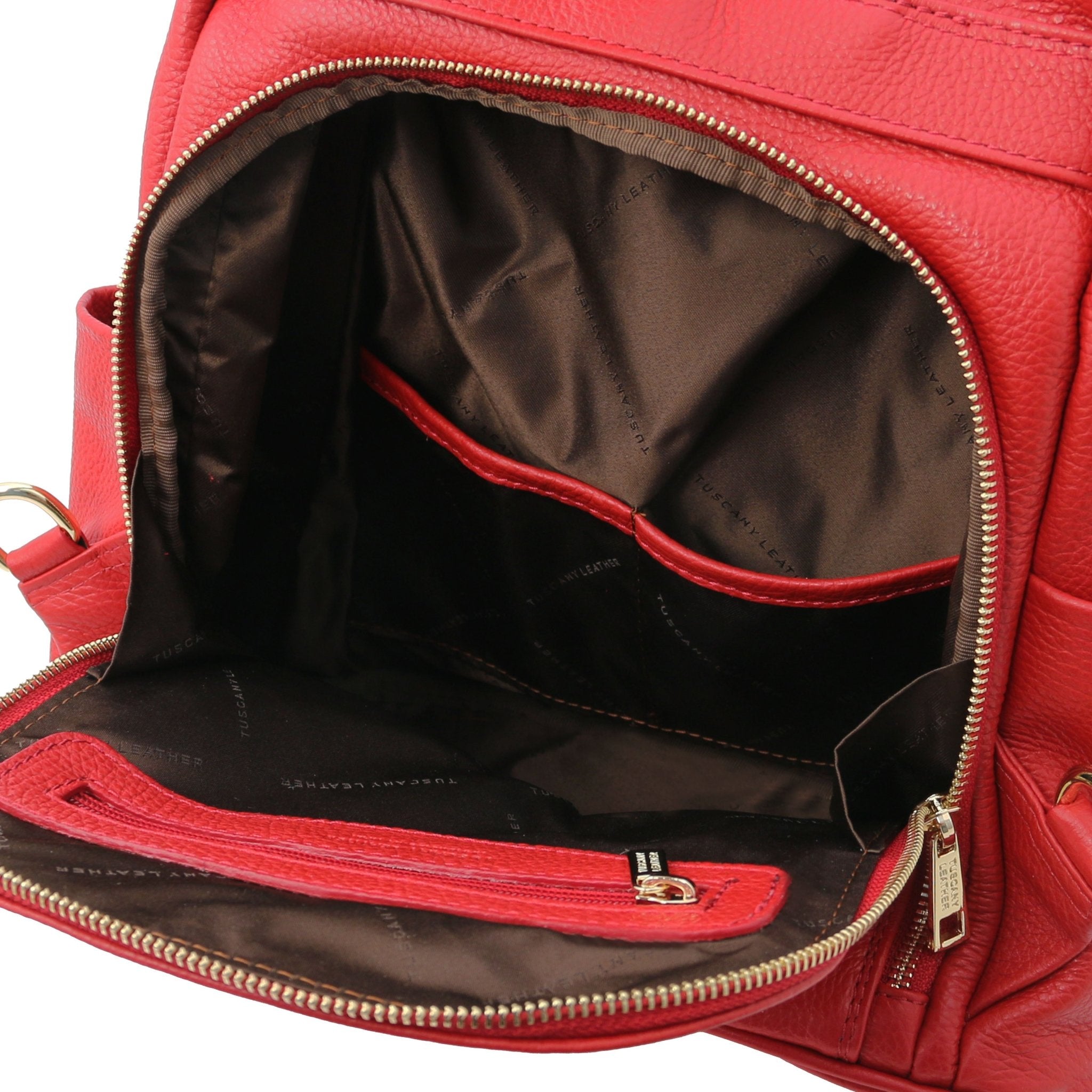 TL Bag Soft Leather Backpack in red showing Front exterior zip compartment two open and one zipper pockets with brown lining