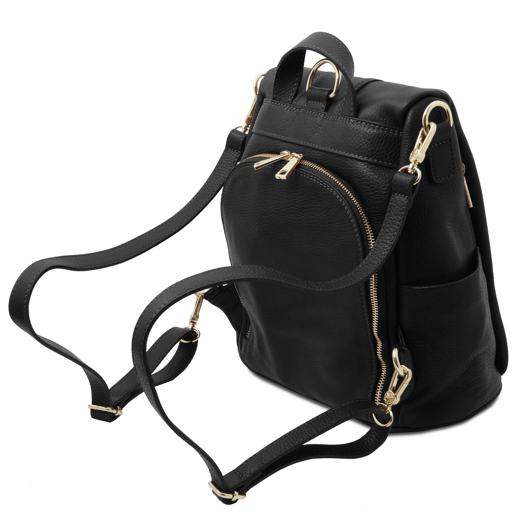 Back side View TL Bag Soft Leather Backpack in black showing back zip compartment top handle and backpack straps