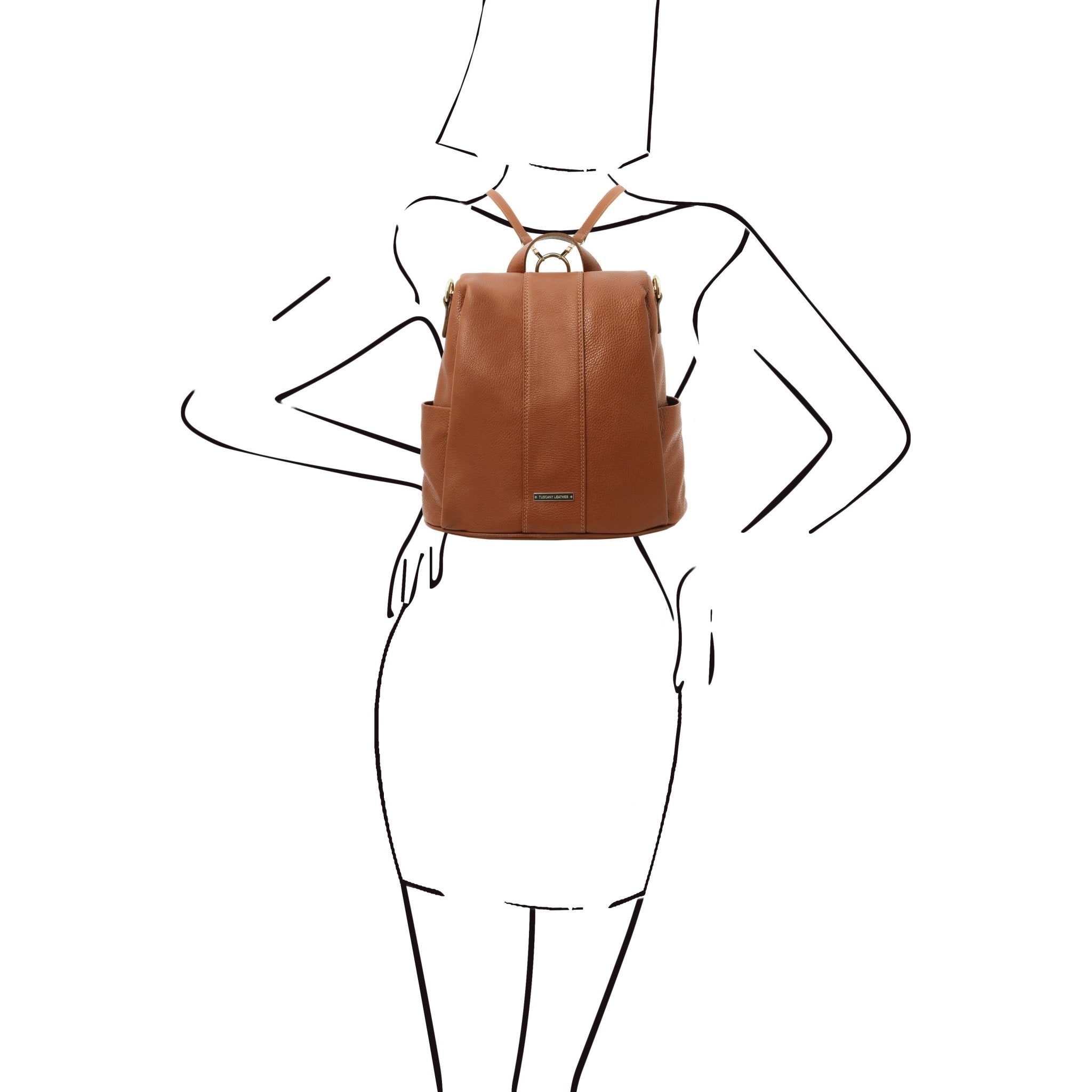 Black and white sketch woman wearing the TL Bag Soft Leather Backpack in cognac