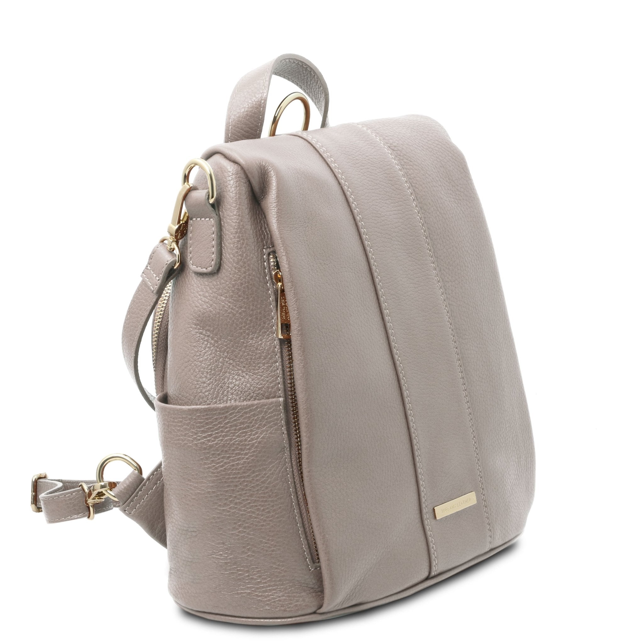 Front side angled View TL Bag Soft Leather Backpack in light gray showing front cover flap, top handle and backpack straps