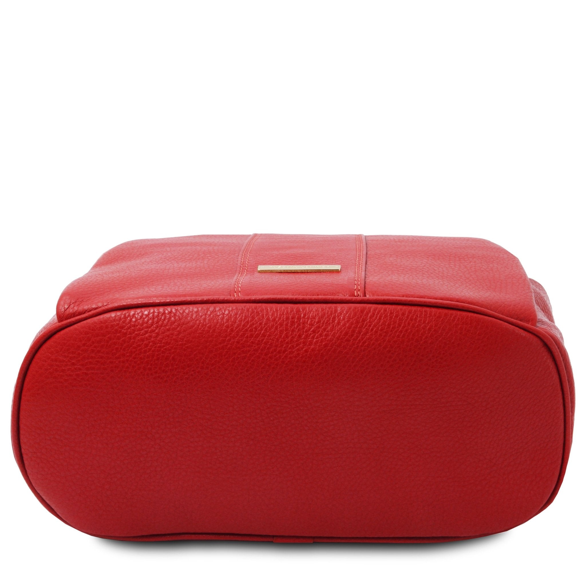 Bottom view of TL Bag Soft Leather Backpack in lipstick red
