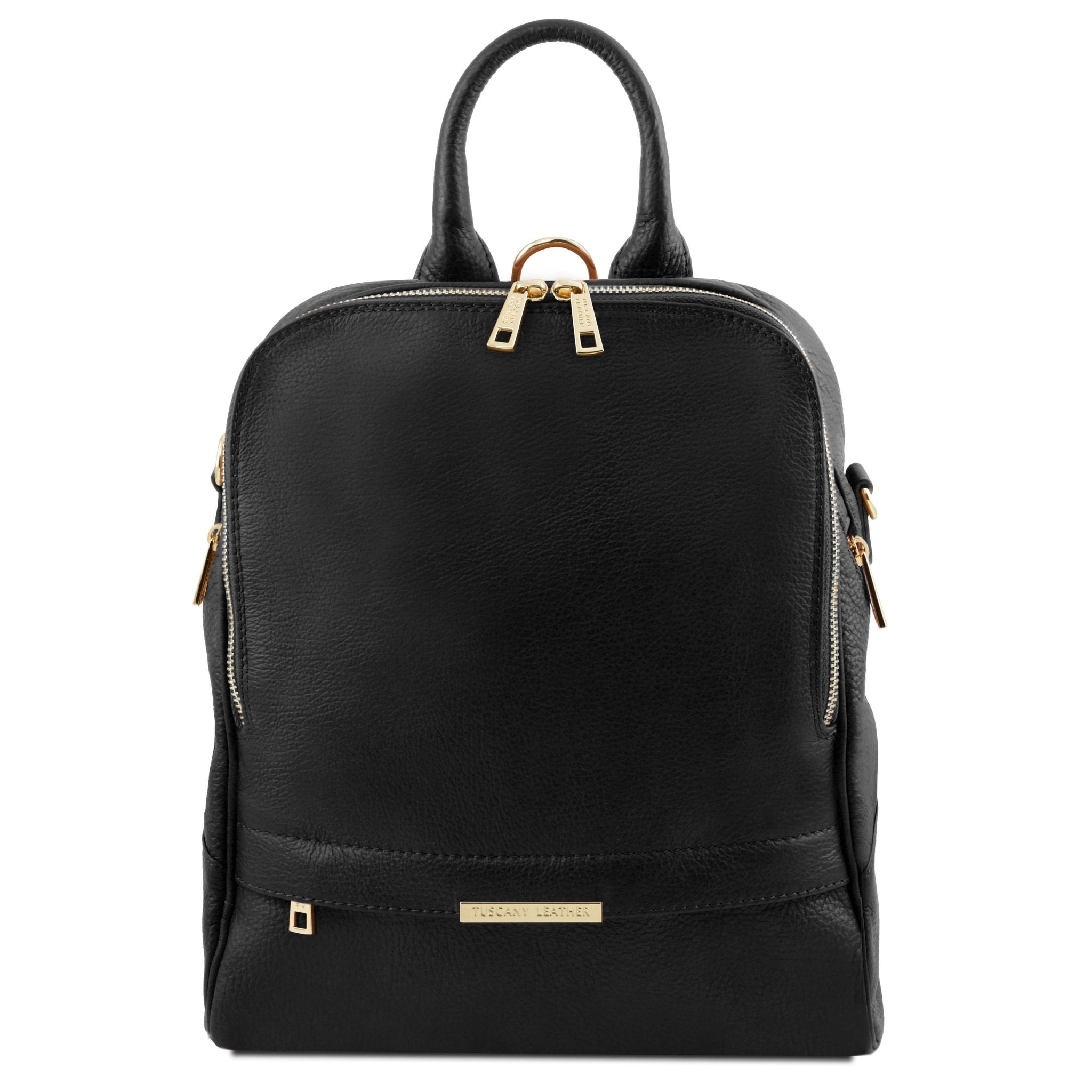 TL Bag Soft Italian Leather Backpack in black showing handle and front exterior zip pocket