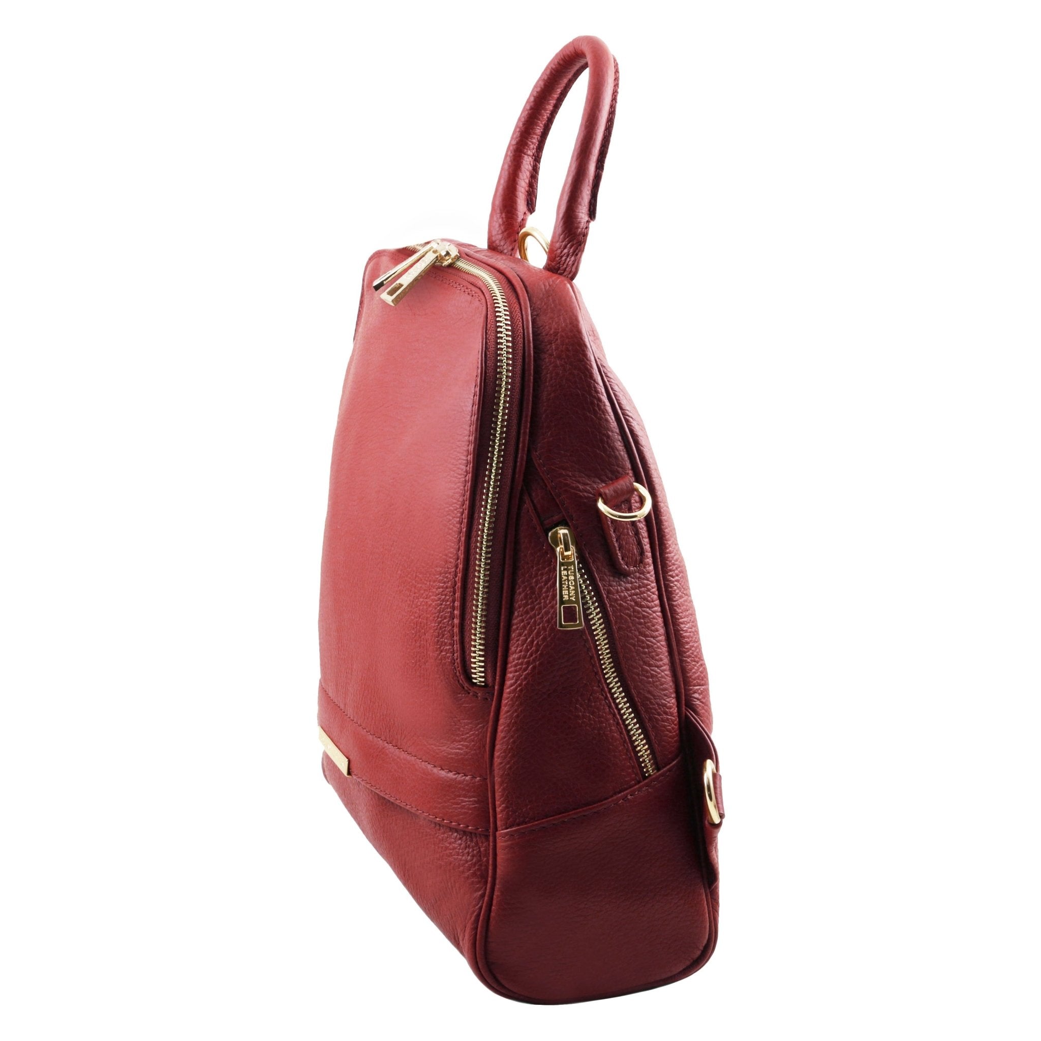 Side view of TL Bag Soft Leather Backpack in red showing side zip pocket and main zip entry