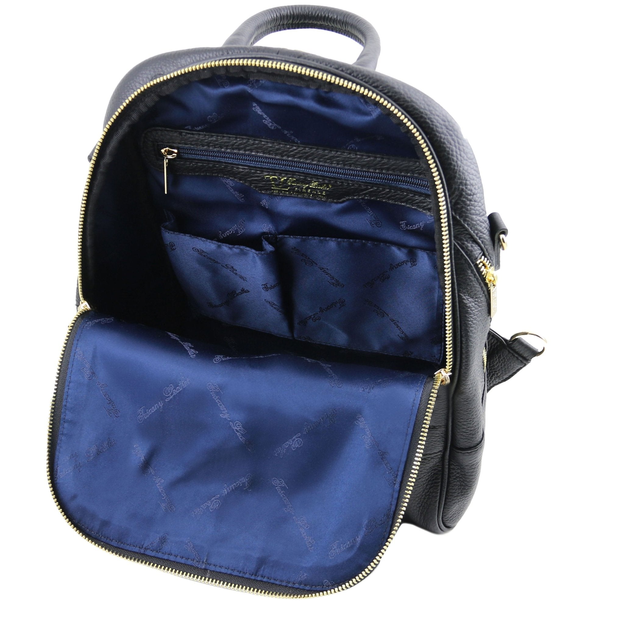 Interior pockets view of TL Bag Soft Leather Backpack in black on a white background showing navy interior lining