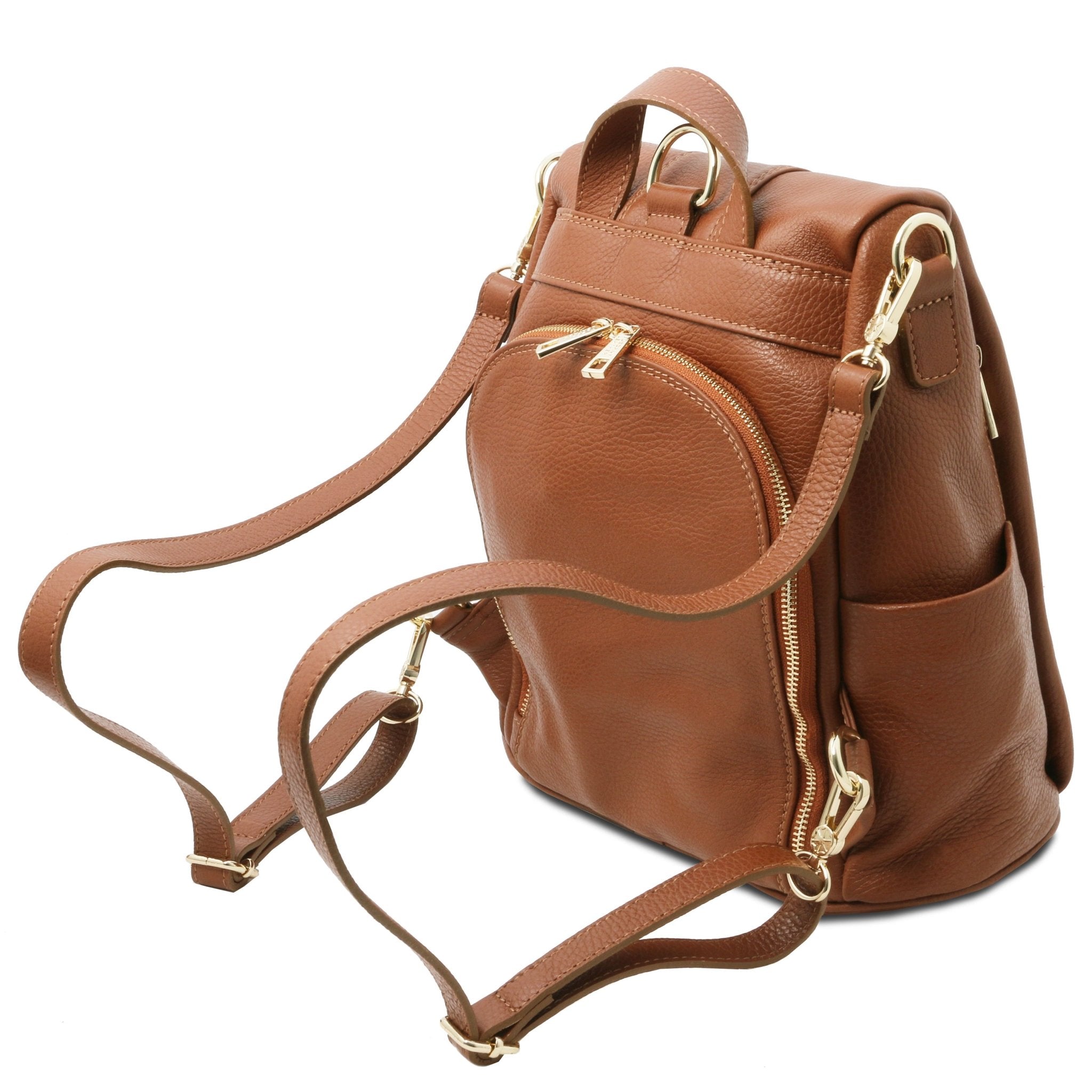 Back side View TL Bag Soft Leather Backpack in cognac showing back zip compartment top handle and backpack straps