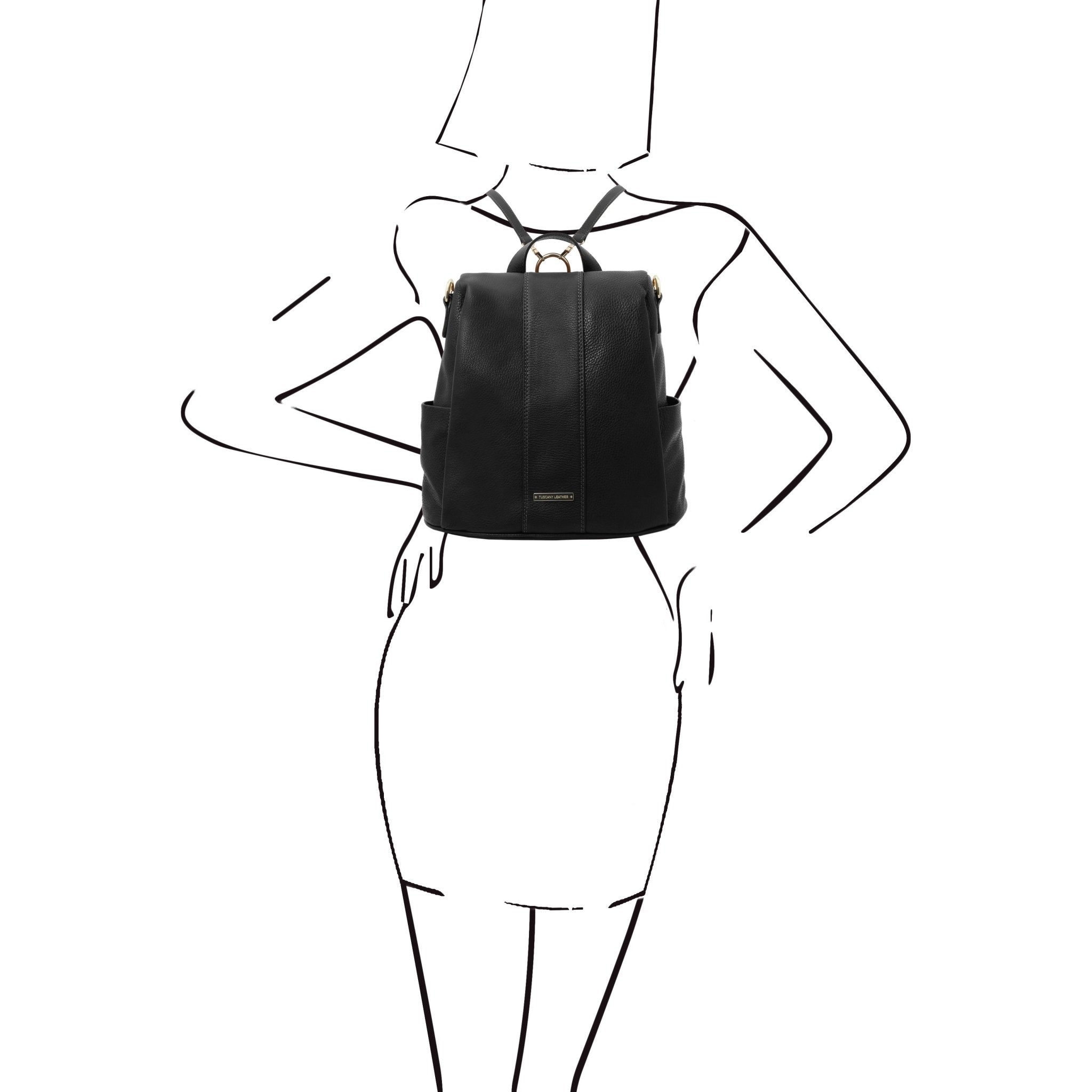 Black and white sketch woman wearing the TL Bag Soft Leather Backpack in black