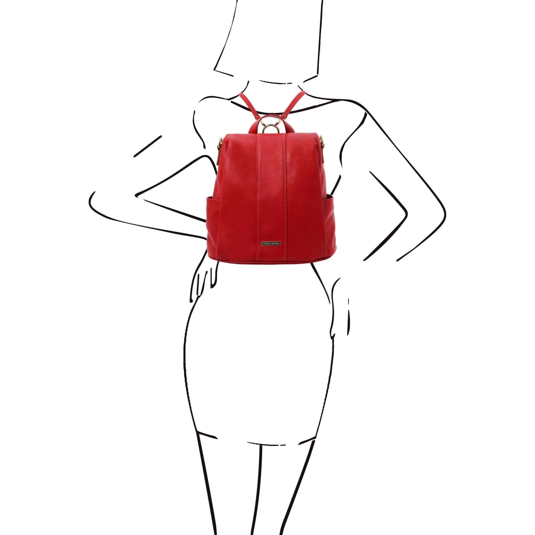 Black and white sketch woman wearing the TL Bag Soft Leather Backpack in lipstick red