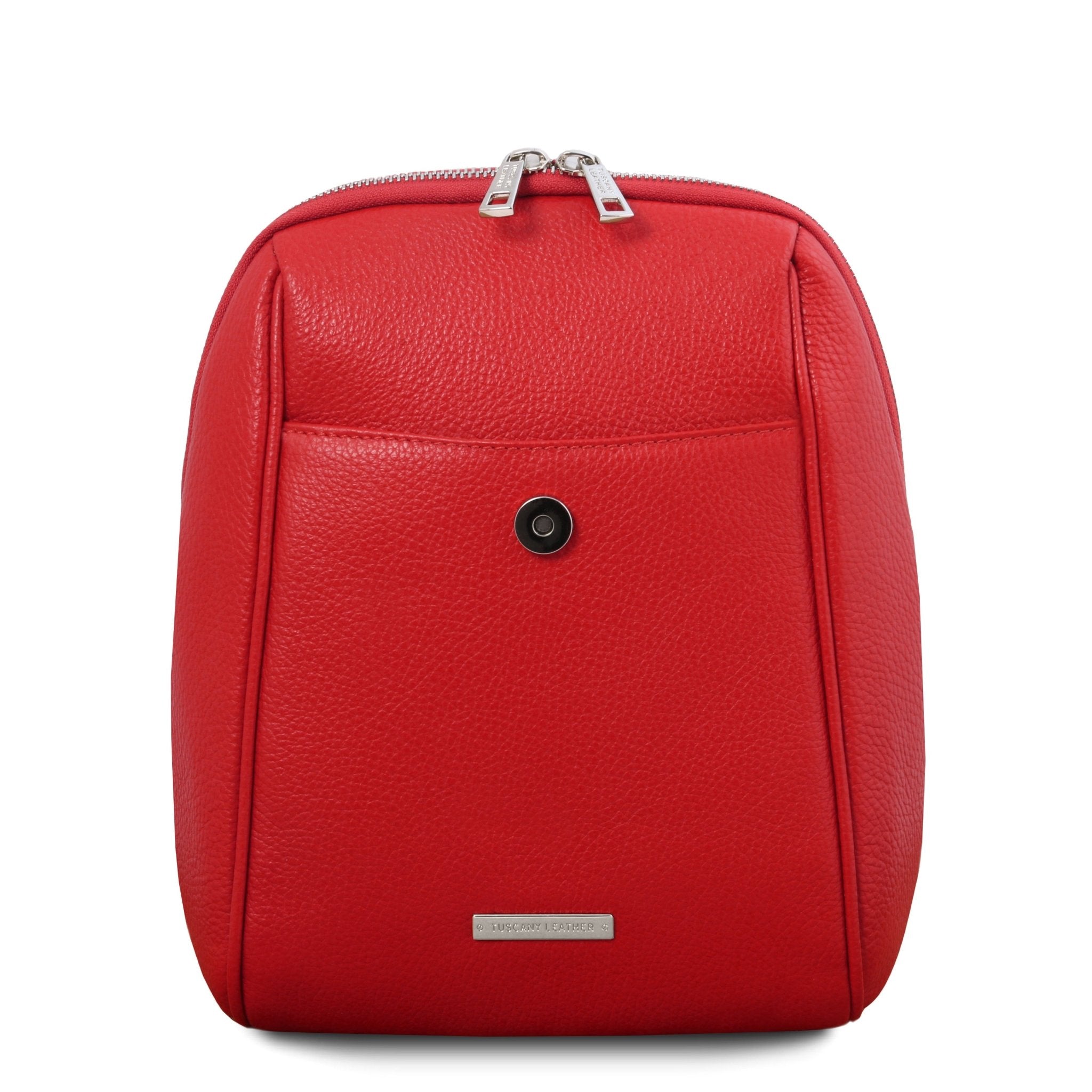 TL Bag Soft Italian Leather Backpack in Red showing exterior open pocket underneath the flap magnetic closure
