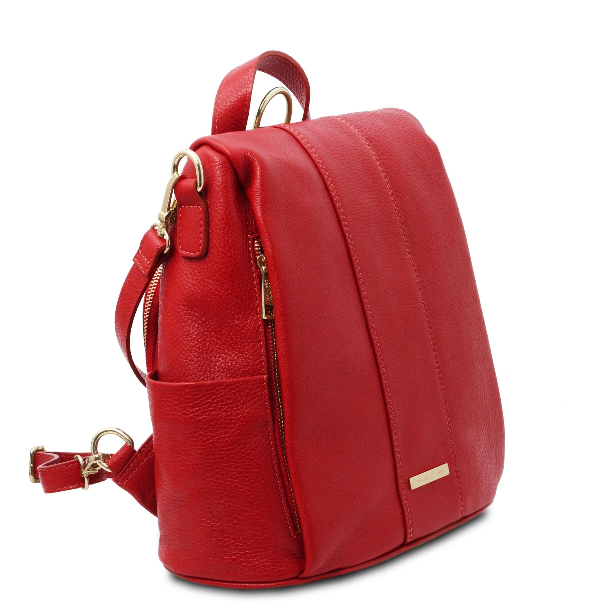 Front side angled View TL Bag Soft Leather Backpack in red showing front cover flap, top handle and backpack straps