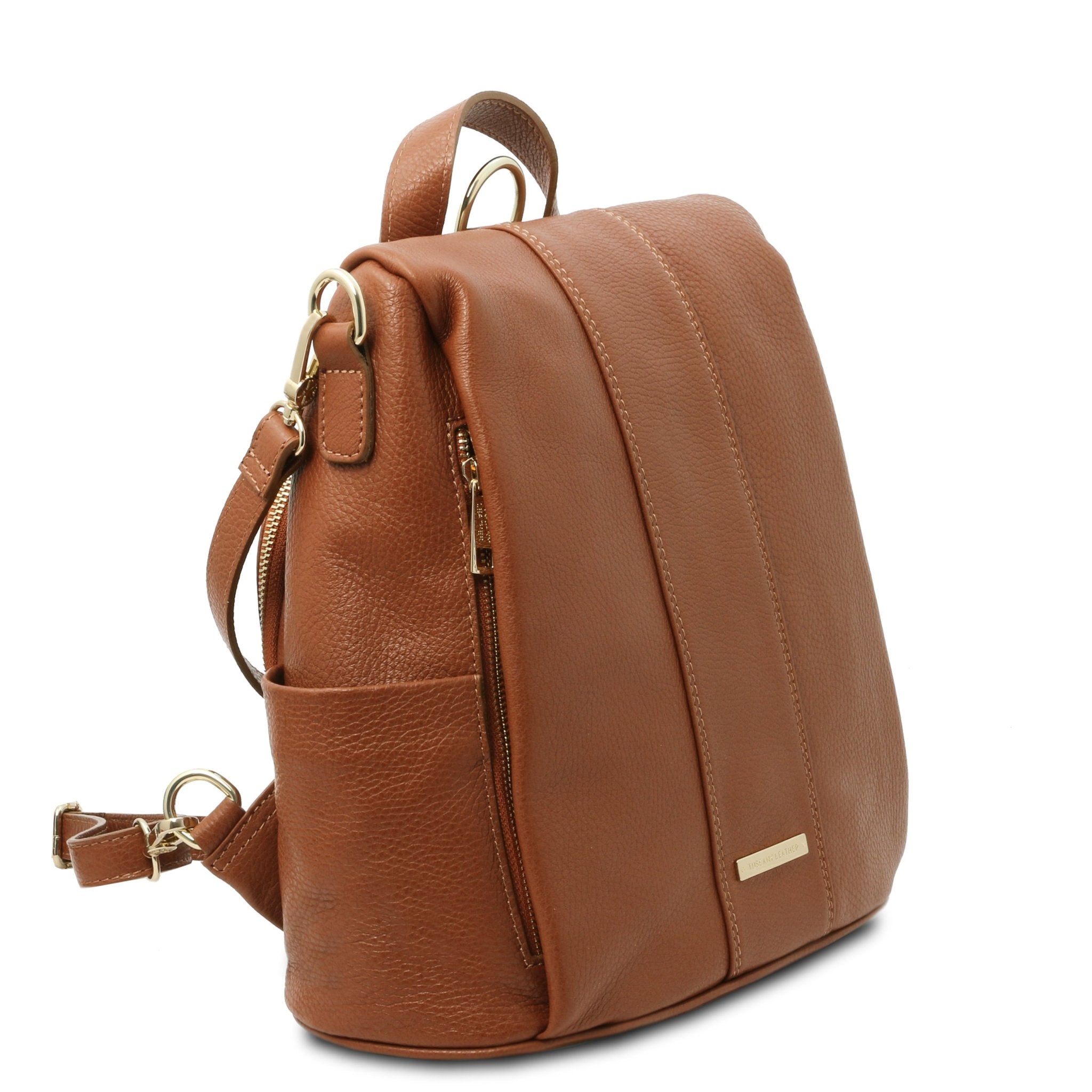Front side angled View TL Bag Soft Leather Backpack in cognac showing front cover flap, top handle and backpack straps