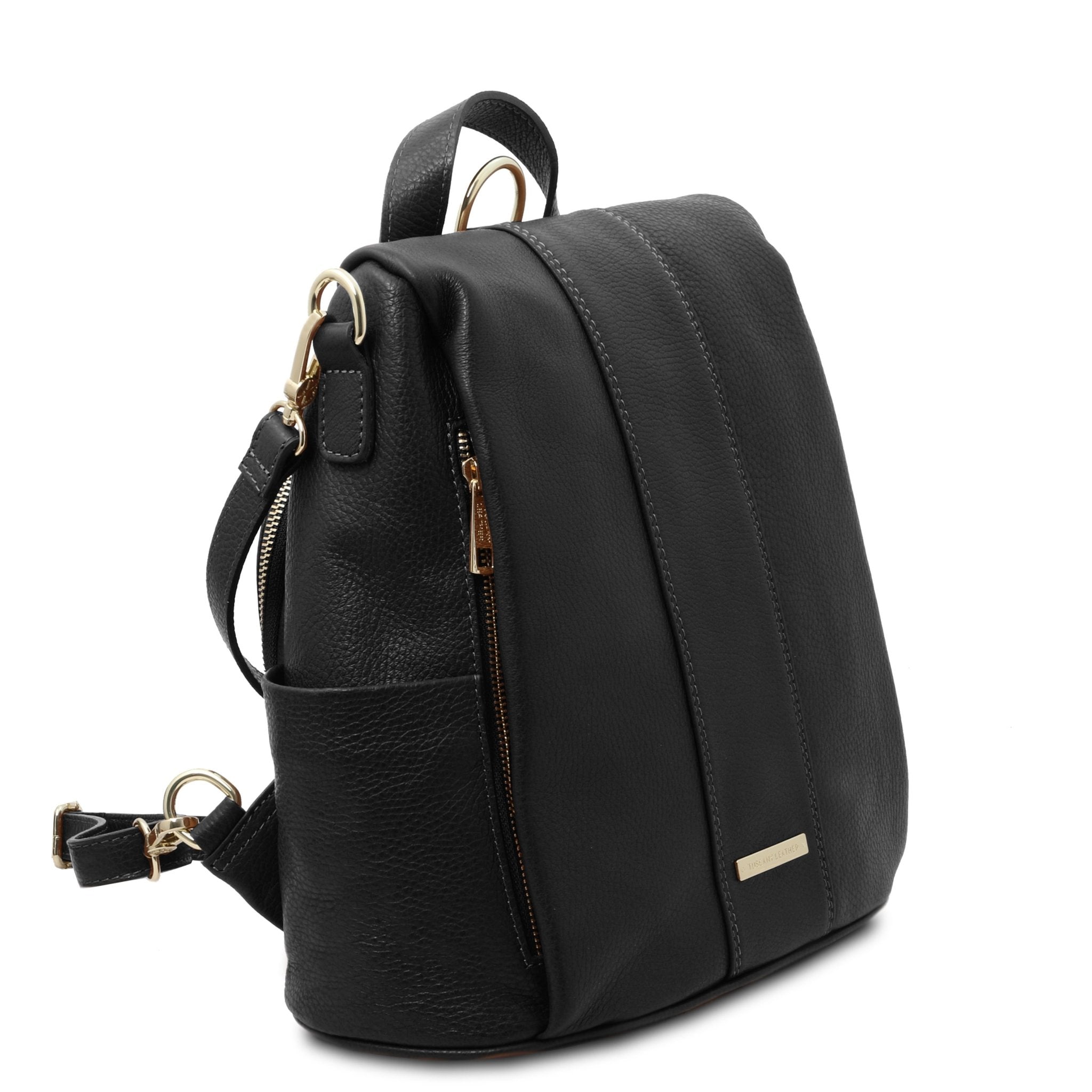 Front side angled View TL Bag Soft Leather Backpack in black showing front cover flap, top handle and backpack straps