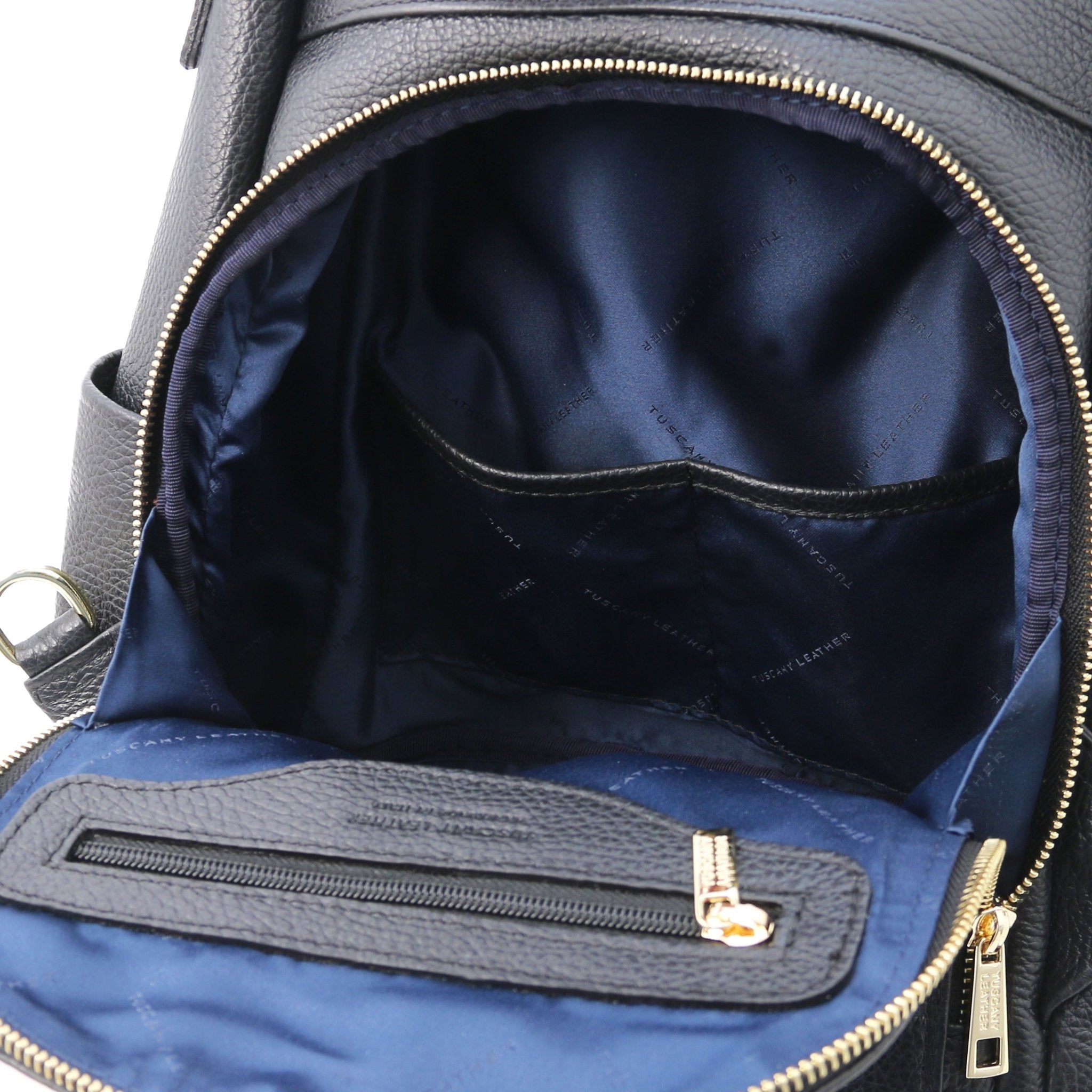TL Bag Soft Leather Backpack in black showing Front exterior zip compartment two open and one zipper pockets, with blue lining