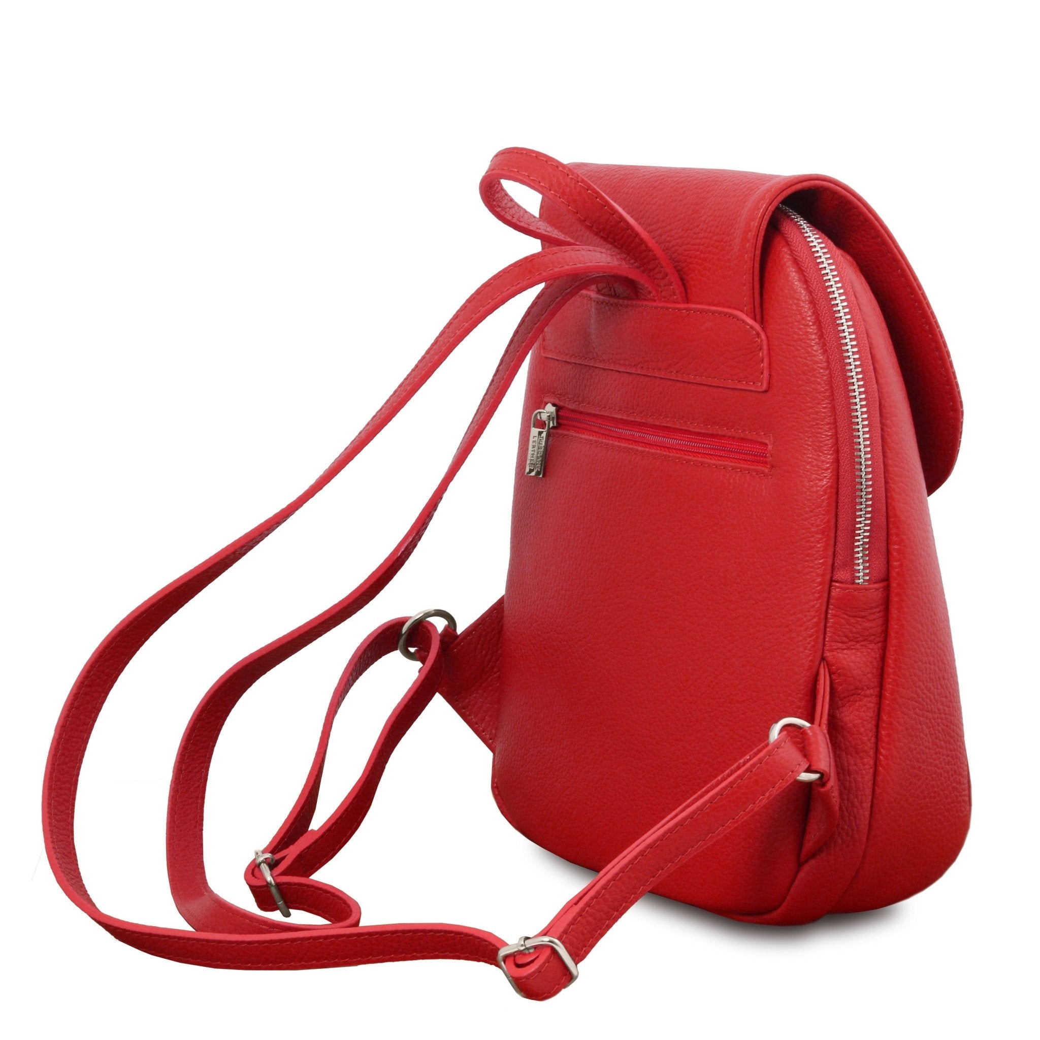 TL Bag Soft Italian Leather Backpack in red showing exterior back zip pocket, handle and backpack straps