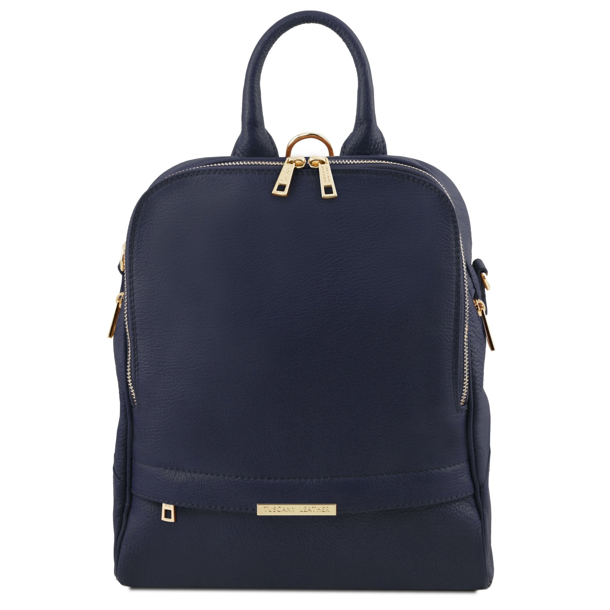 TL Bag Soft Italian Leather Backpack in dark blue showing handle and front exterior zip pocket