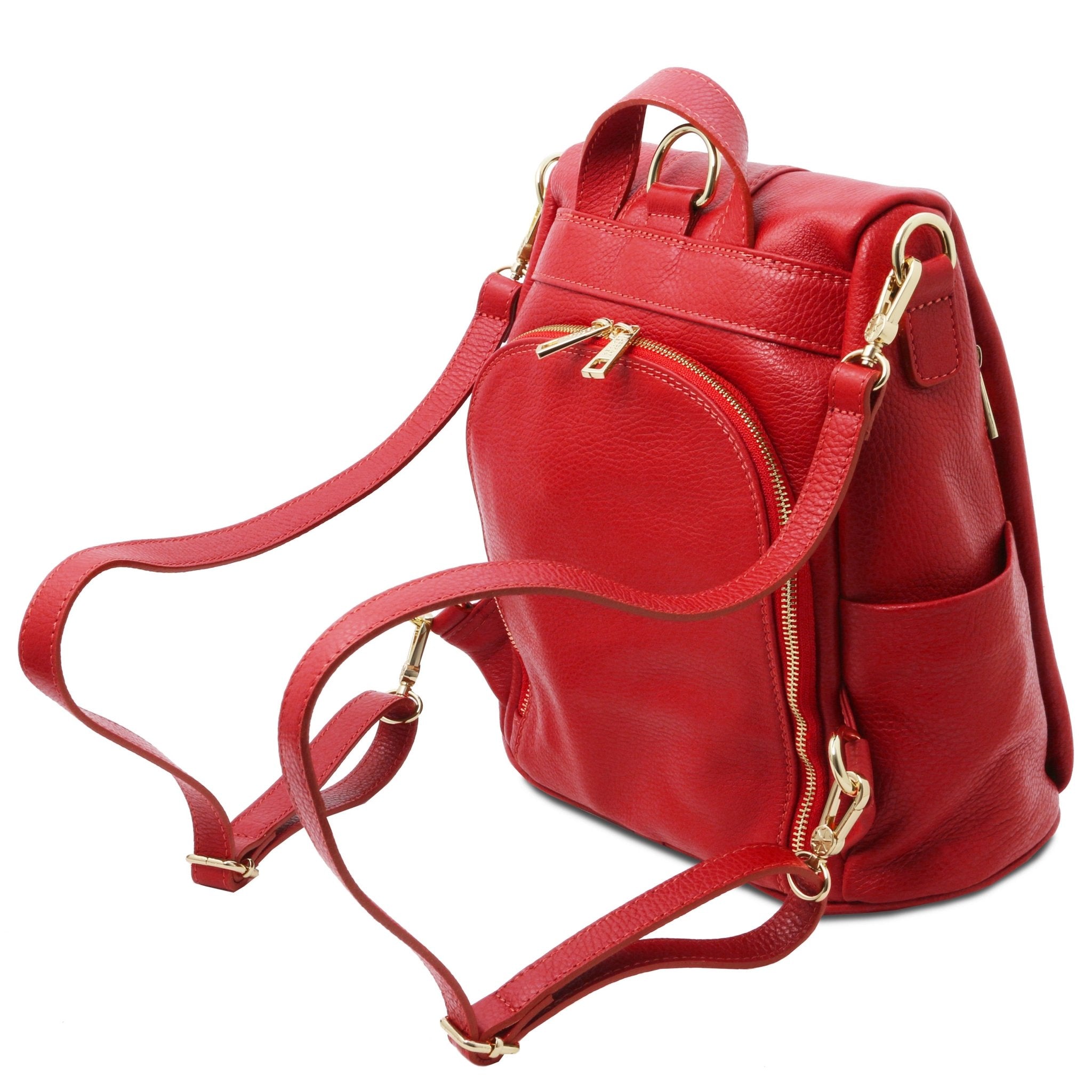 Back side View TL Bag Soft Leather Backpack in red showing back zip compartment top handle and backpack straps