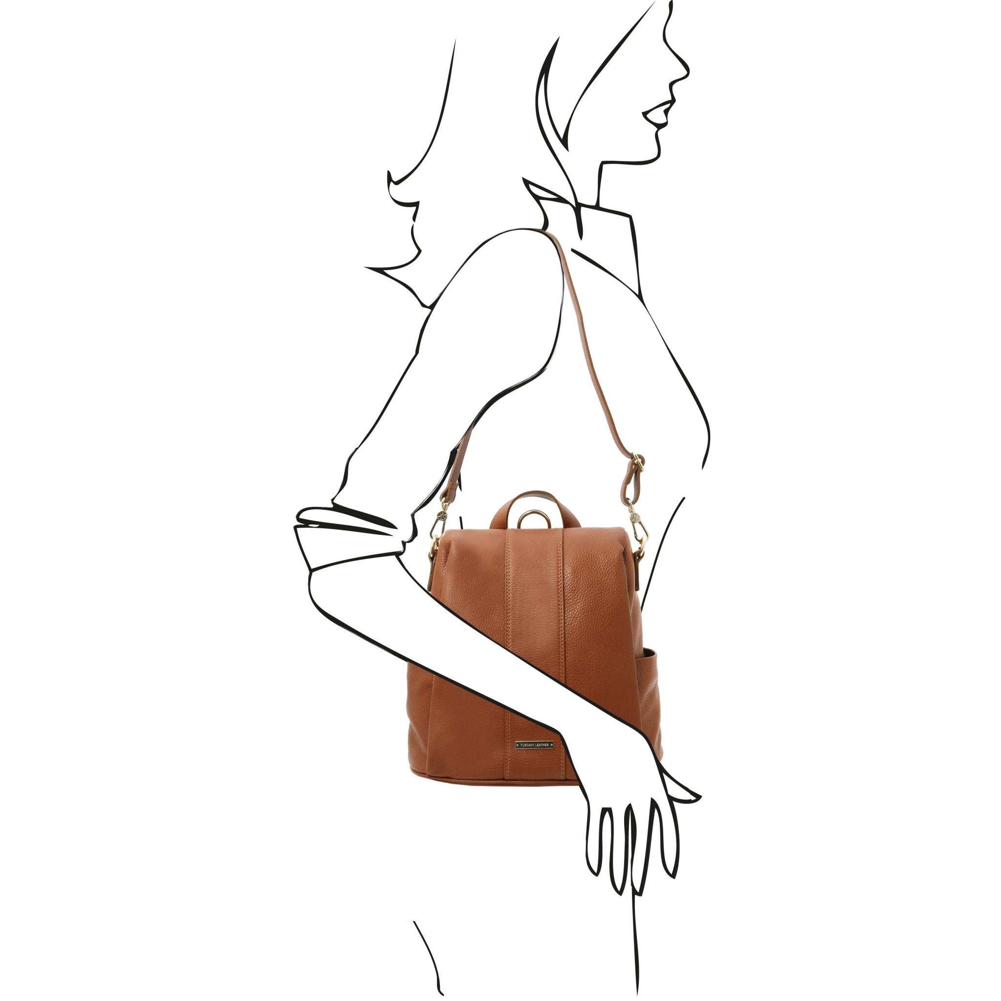 Black and white sketch woman wearing the TL Bag Soft Leather Backpack in cognac using its detachable and adjustable shoulder strap