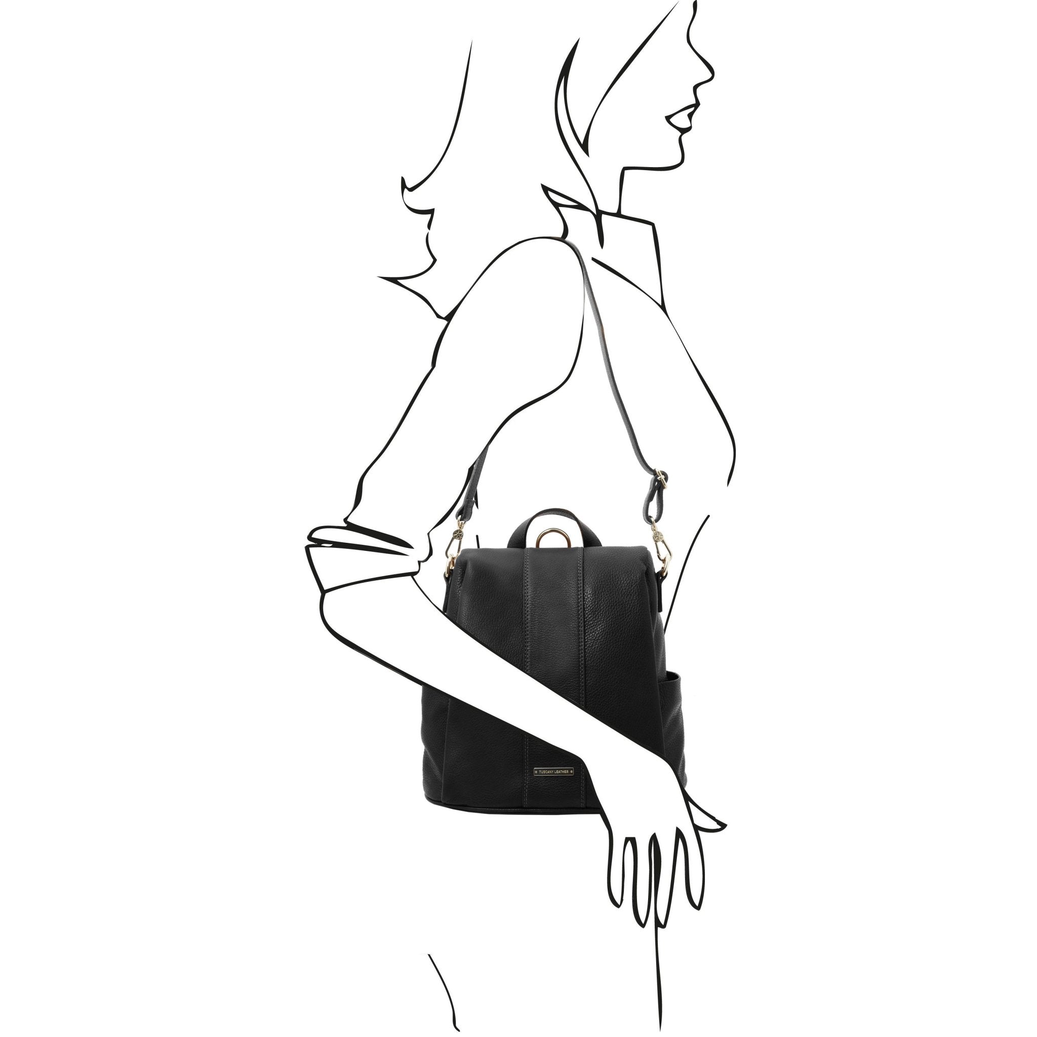 Black and white sketch woman wearing the TL Bag Soft Leather Backpack in black using its detachable and adjustable shoulder strap