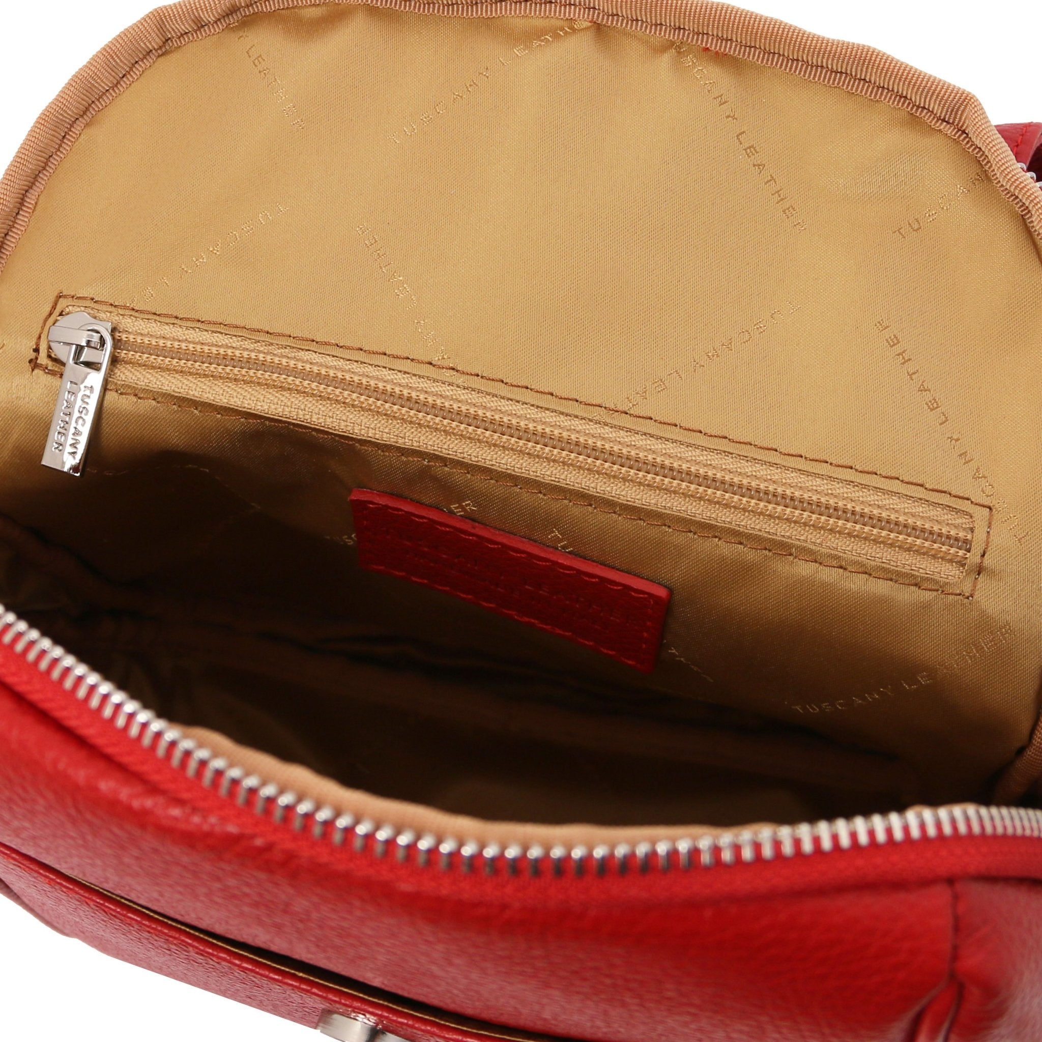 Interior zip pocket view TL Bag Soft Italian Leather Backpack in red showing muted gold lining