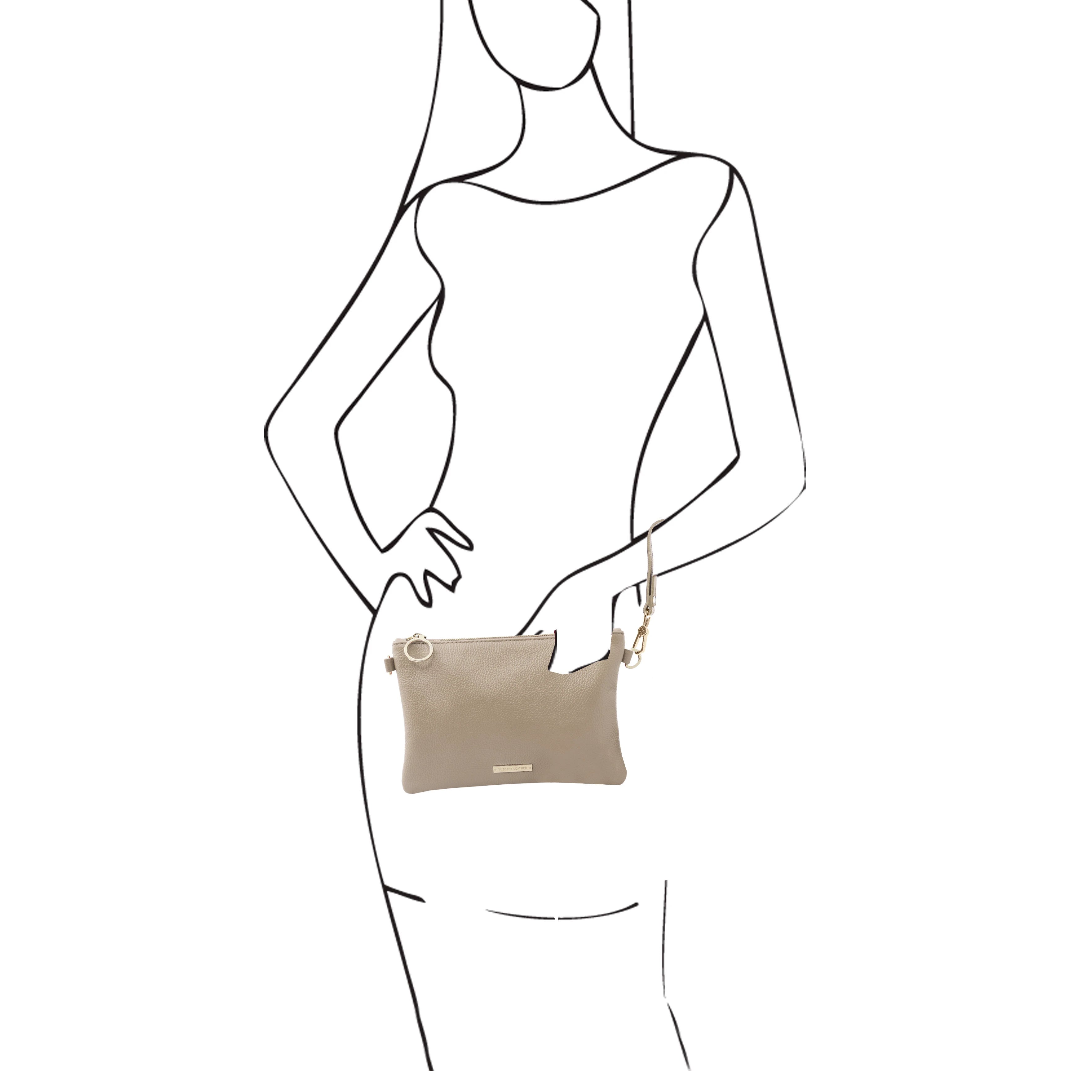 TL Bag Soft Leather Clutch in Light Taupe on sketched model wearing shoulder strap L'Atelier Global