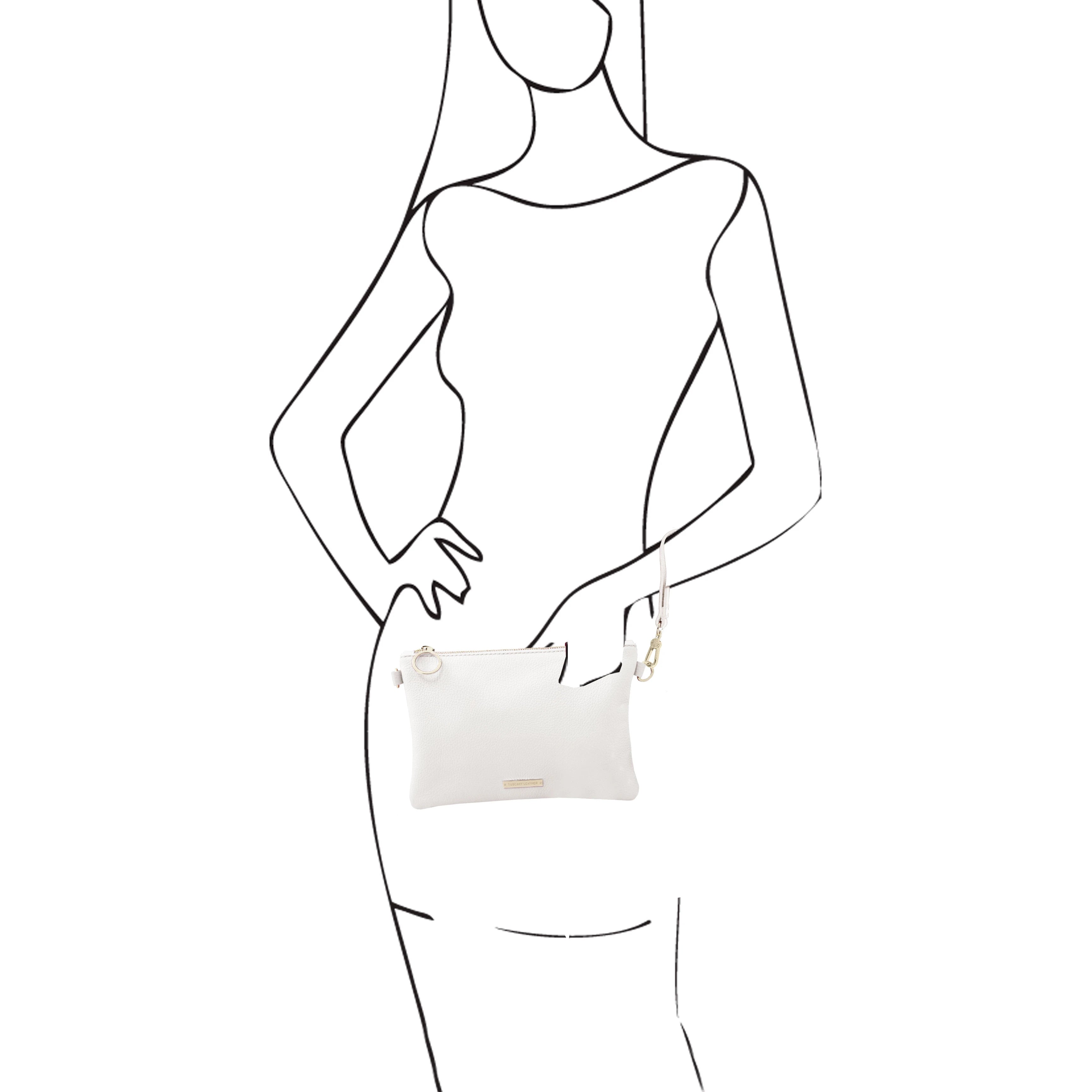 TL Bag Soft Leather Clutch in White with Shoulder Strap on White Background- L'Atelier Global