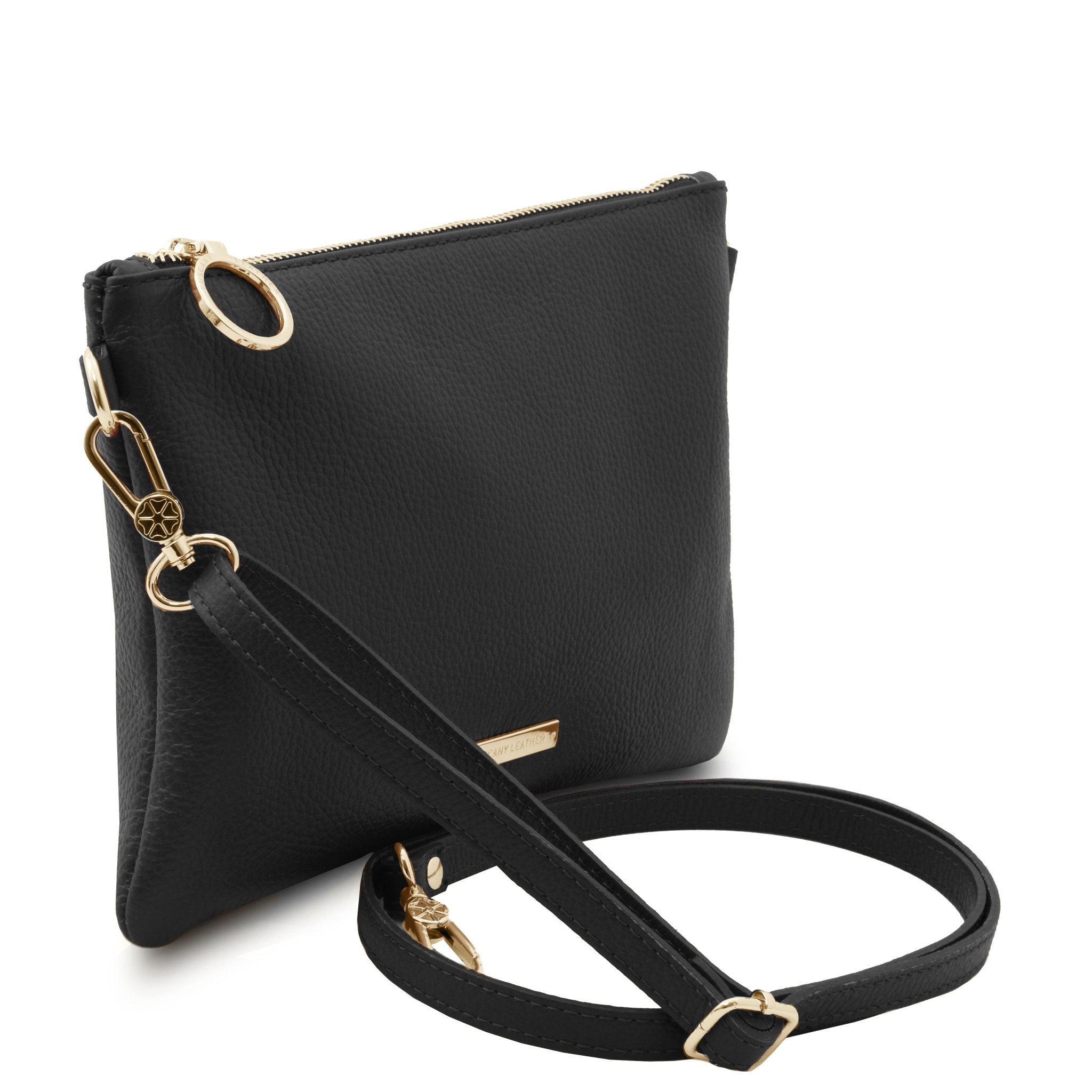 TL Bag Soft Leather Clutch in Black on White Background with shoulder strap