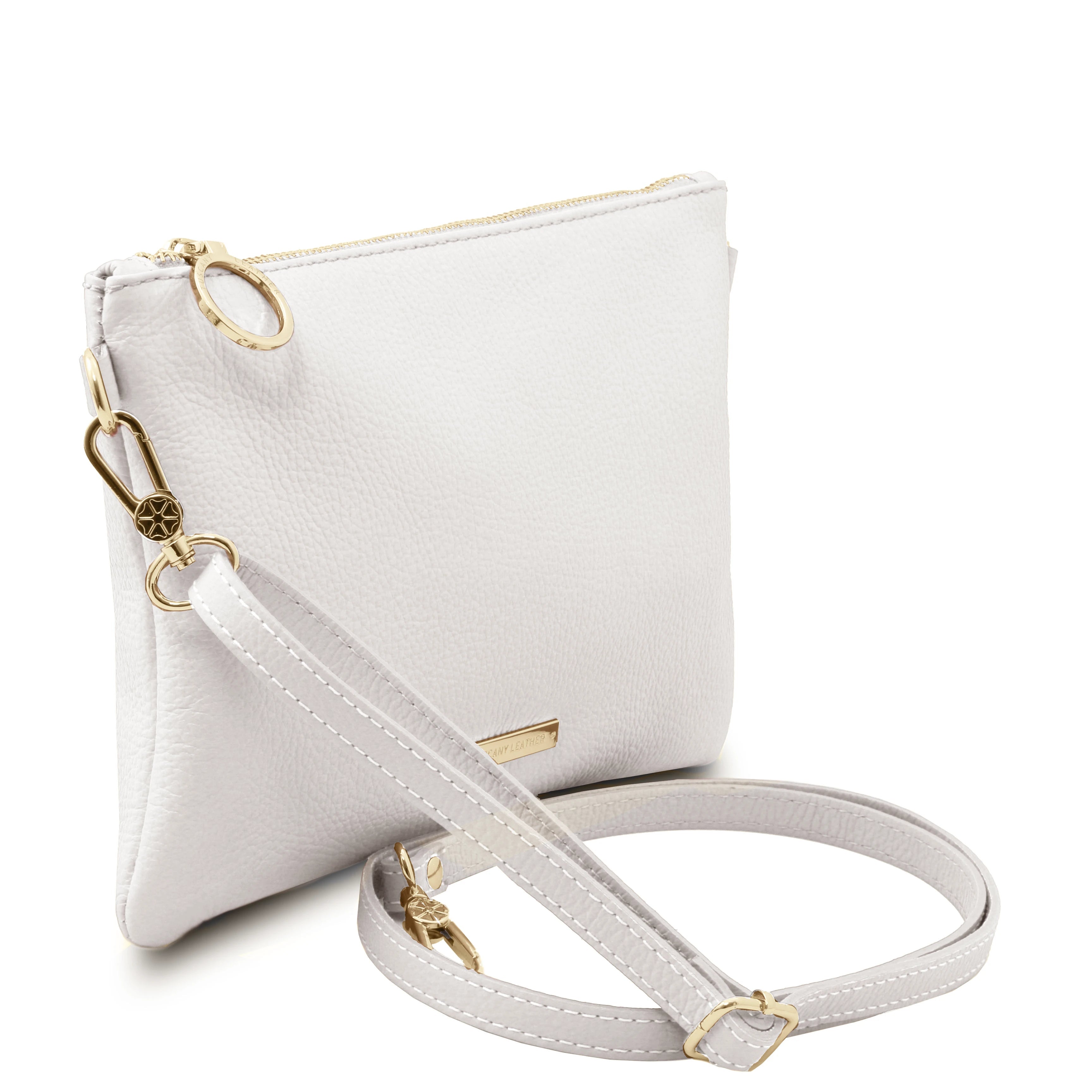 TL Bag Soft Leather Clutch in White interior with shoulder strap view on a white background - L'Atelier Global