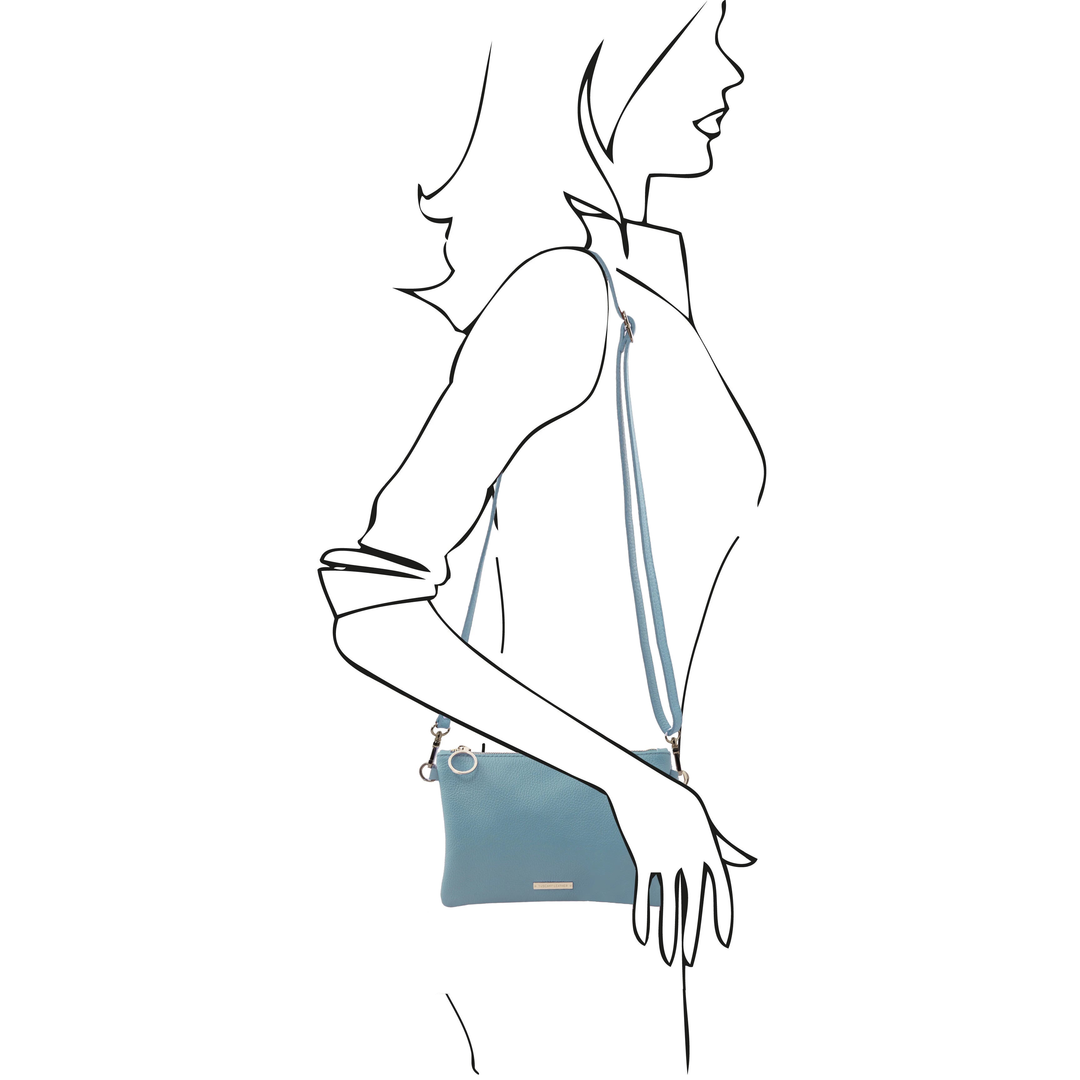 TL Bag Soft Leather Clutch in Light Blue on sketched model wearing shoulder strap L'Atelier Global